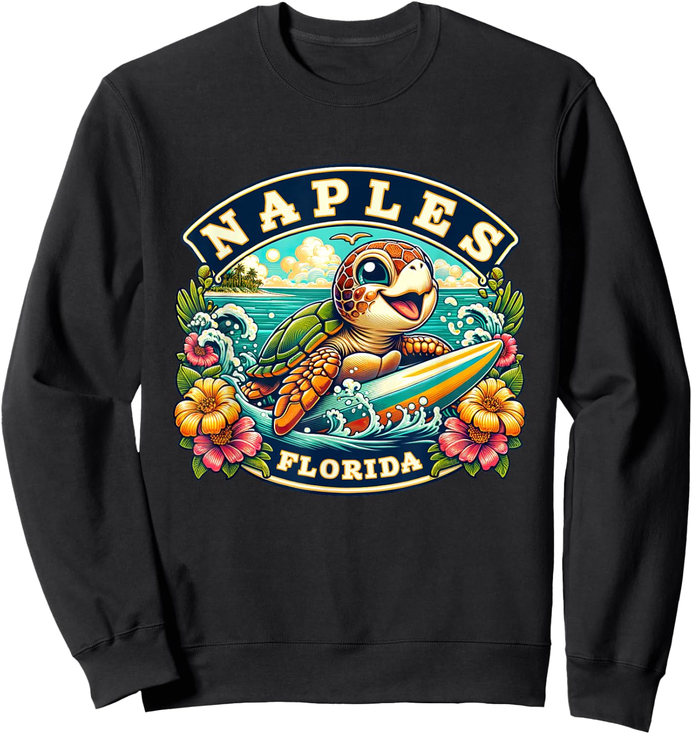Naples Florida Cute Sea Turtle Surfing Sweatshirt - Sweatshirt | Black