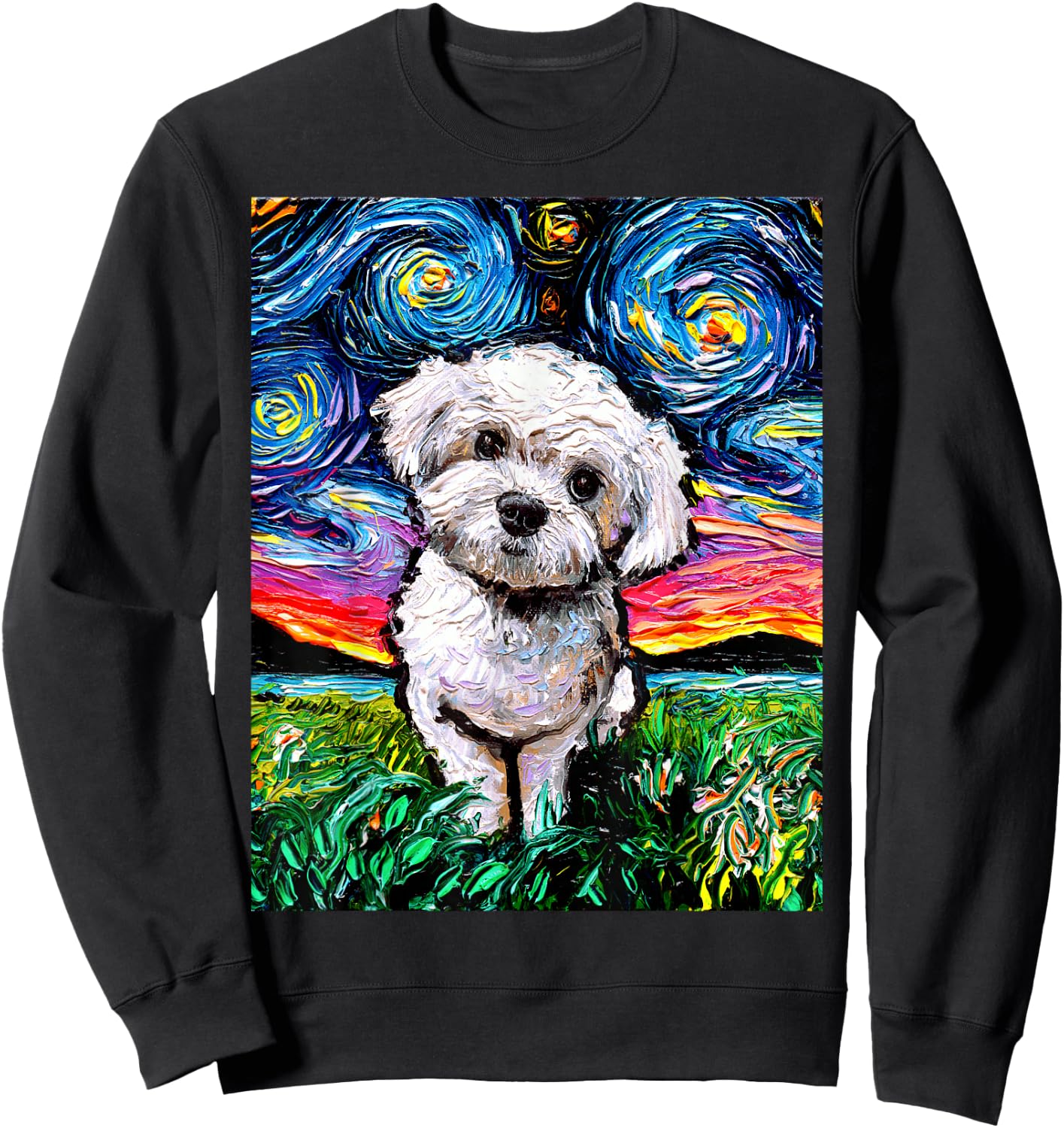 Maltipoo Starry Night White Maltese Poodle Dog Lover Artwork Sweatshirt - Sweatshirt | Black