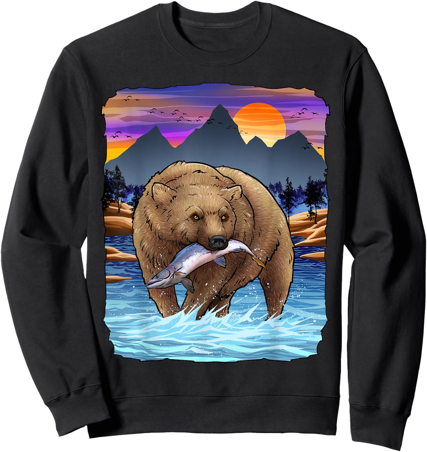 Grizzly Bear Catching Salmon Alaska Fishing Nature Lover Sweatshirt - Sweatshirt | Black