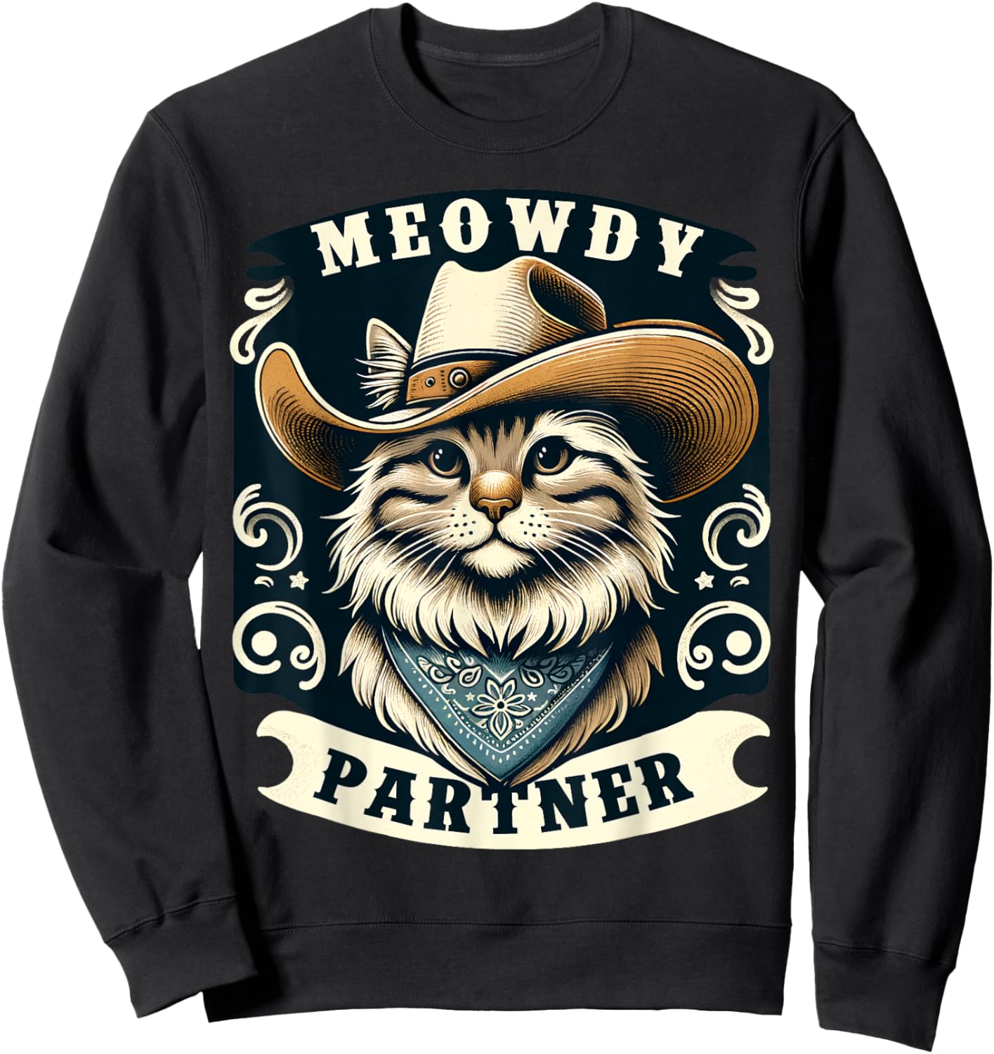 Meowdy Partner Cat Cowboy Hat Howdy Funny Country Western Sweatshirt - Sweatshirt | Black