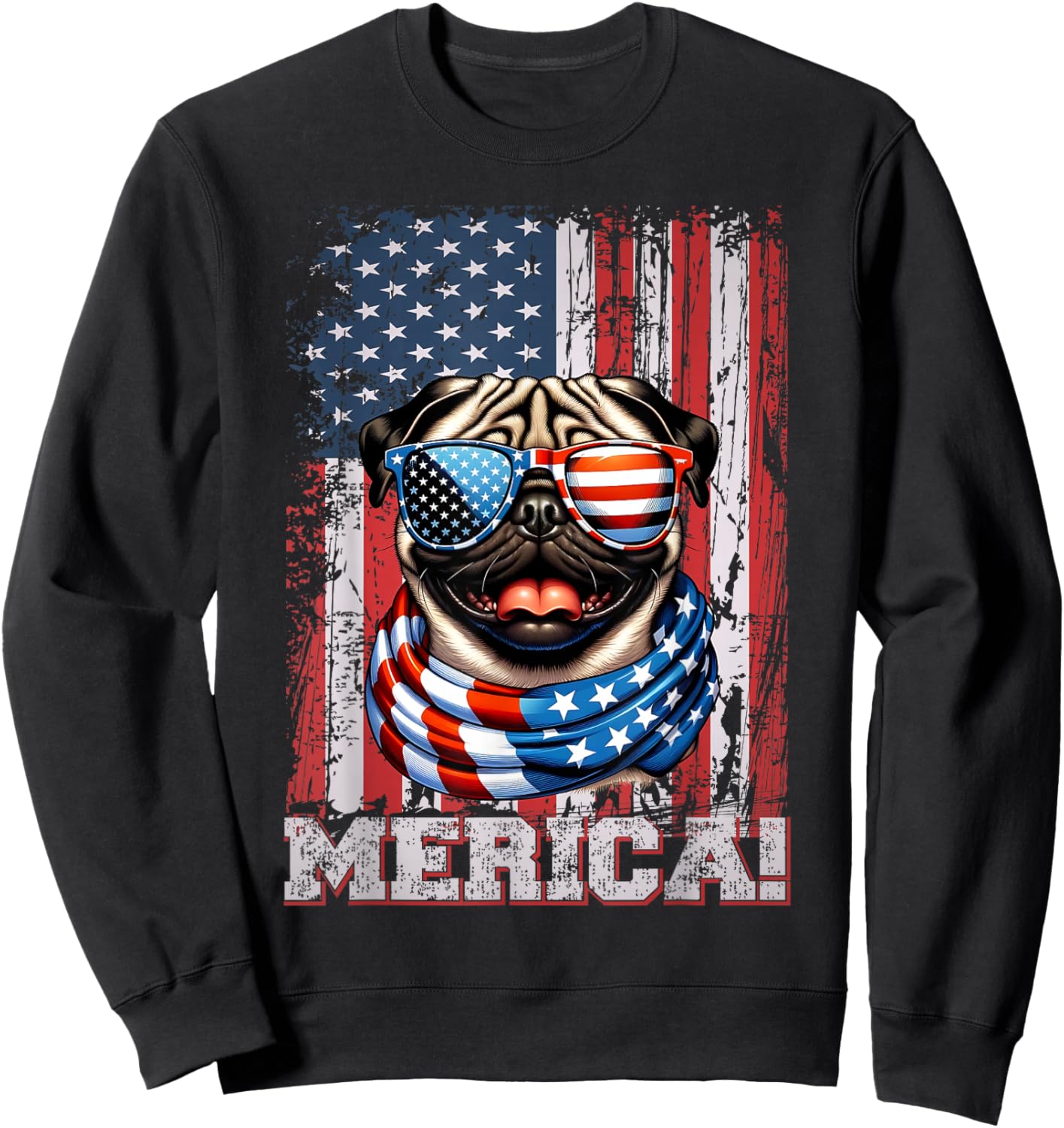 Pug Dog Lover US Flag 4th Of July Patriotic Sweatshirt - Sweatshirt | Black