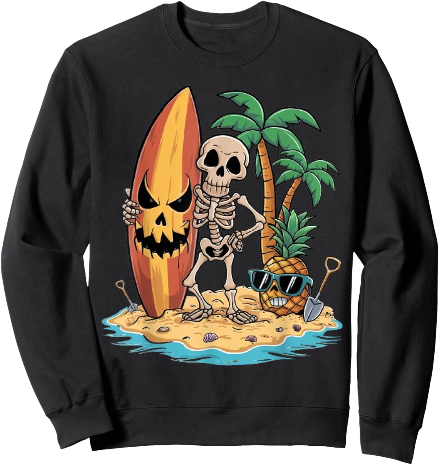 Skeleton Surfing Halloween Hawaii Men Women Surfer Sweatshirt - Sweatshirt | Black