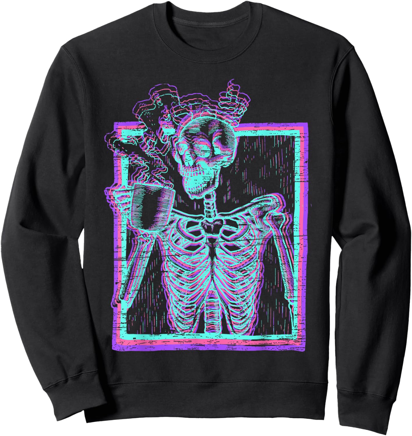 Distressed Synthwave Skeleton Vaporwave Smiling Skull Coffee Sweatshirt - Sweatshirt | Black