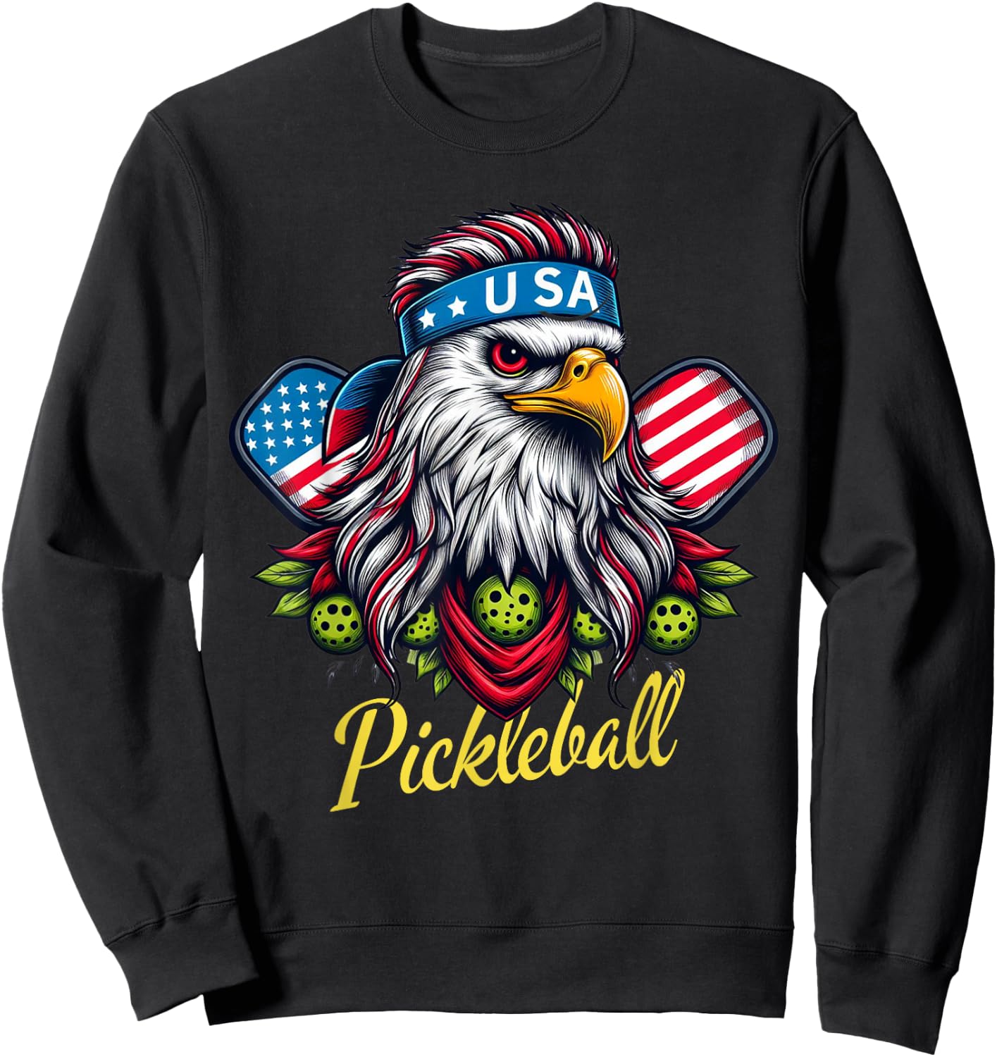 Eagle Mullet Pickleball Lovers 4th of July USA American Flag Sweatshirt - Sweatshirt | Black