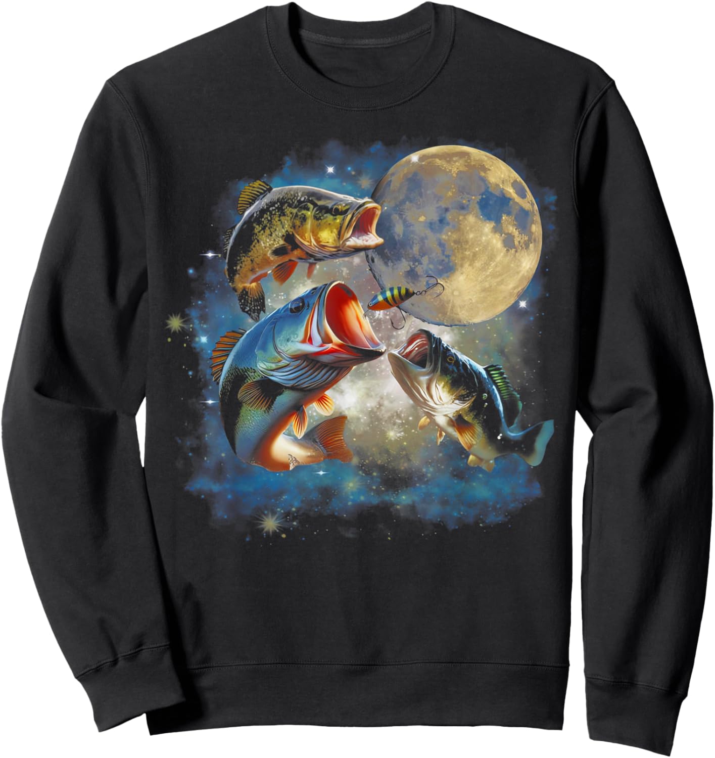 Vintage 90s Largemouth Bass Moon Retro Fisherman Fishing Sweatshirt - Sweatshirt | Black