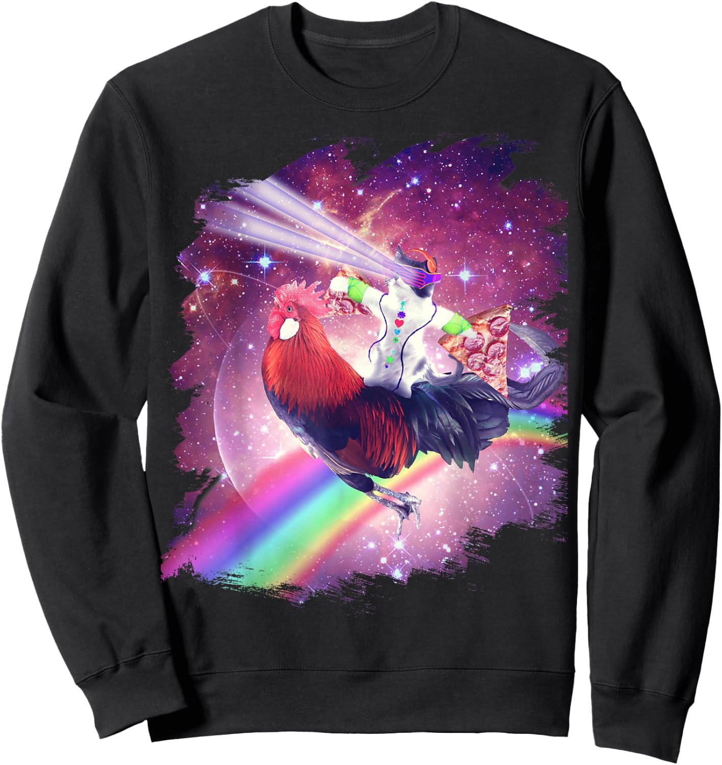 Lazer Rave Space Cat Riding Chicken With Pizza Sweatshirt - Sweatshirt | Black
