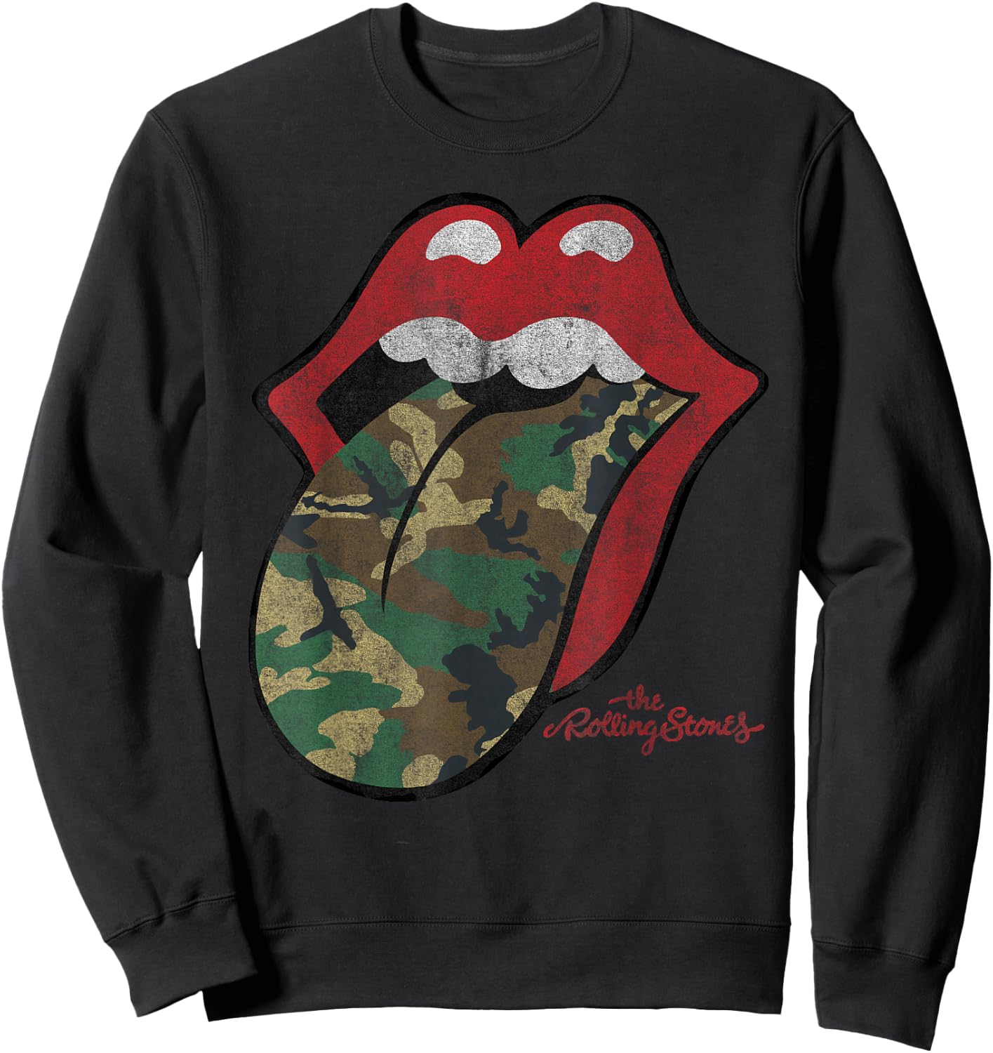 Official Rolling Stones Distressed Camo Tongue Sweatshirt - Sweatshirt | Black