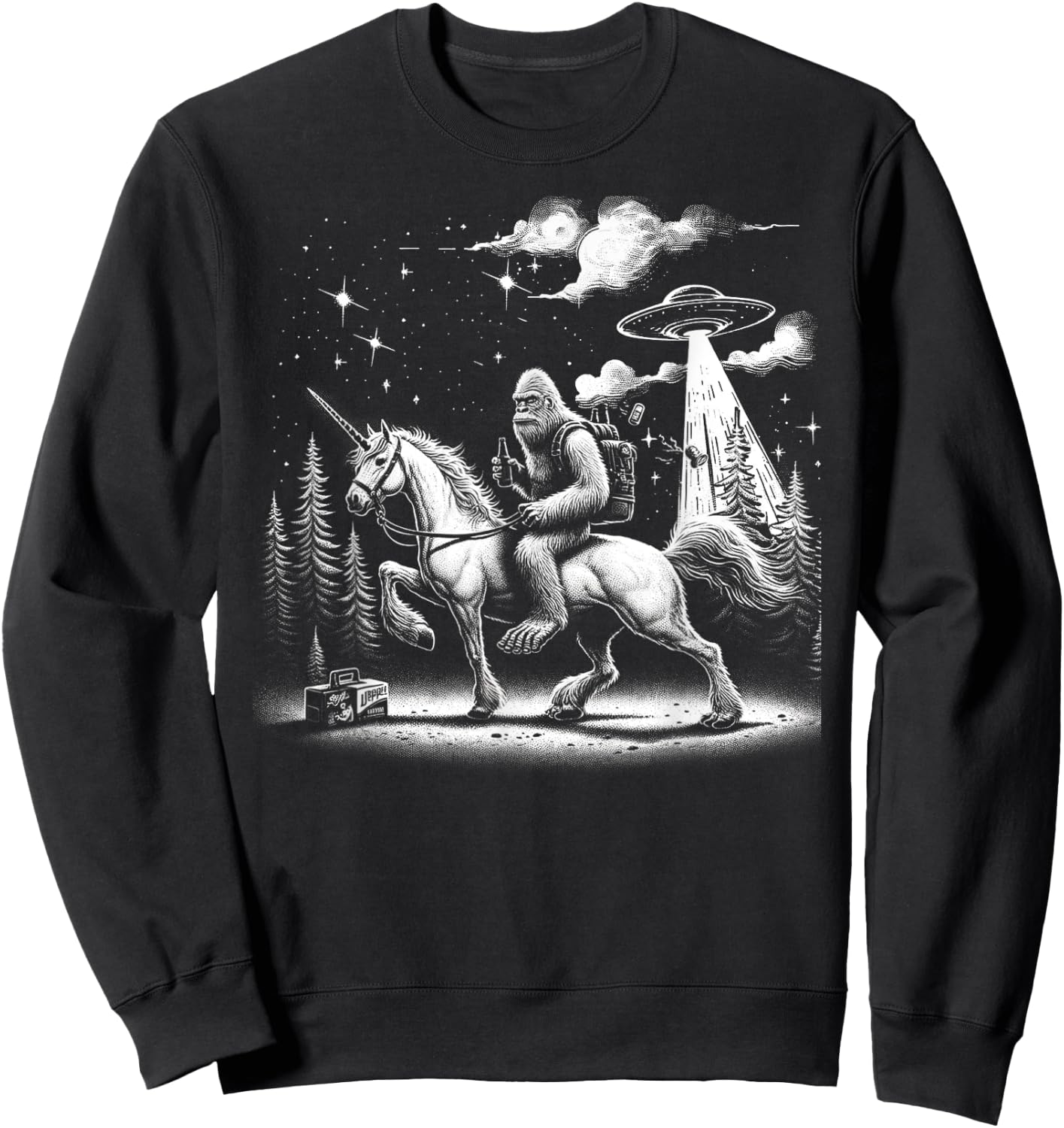 Bigfoot Riding a Unicorn, Full Moon and a UFO Alien Sweatshirt - Sweatshirt | Black