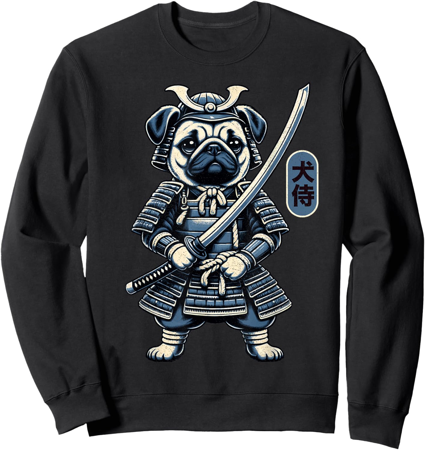 Japanese Samurai Dog Tattoo, Pug Dog Kawaii Ninja Men Women Girls Kids Sweatshirt - Sweatshirt | Black