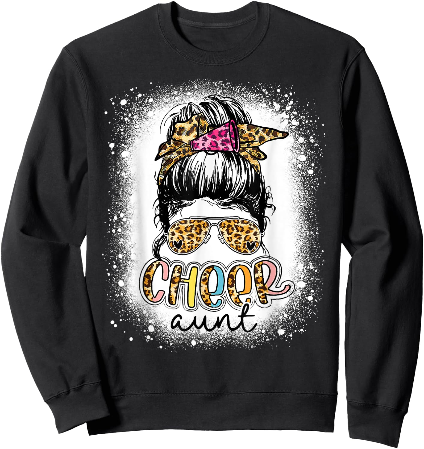 Cheer Aunt Leopard Messy Bun Cheerleader Mothers Day Funny Sweatshirt - Sweatshirt | Black