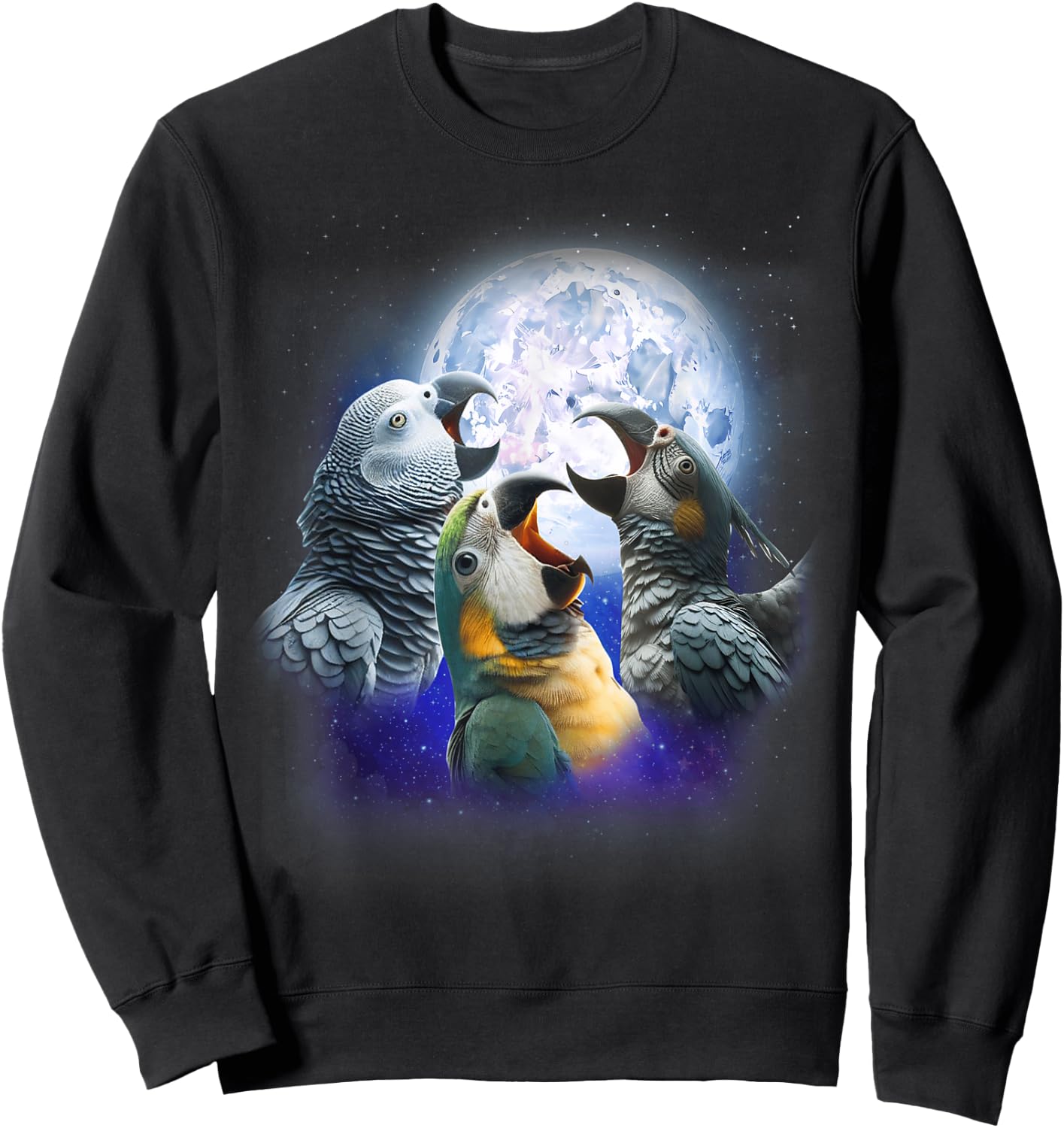 3 Parrots Howling At The Moon Funny African Grey Parrot Bird Sweatshirt - Sweatshirt | Black