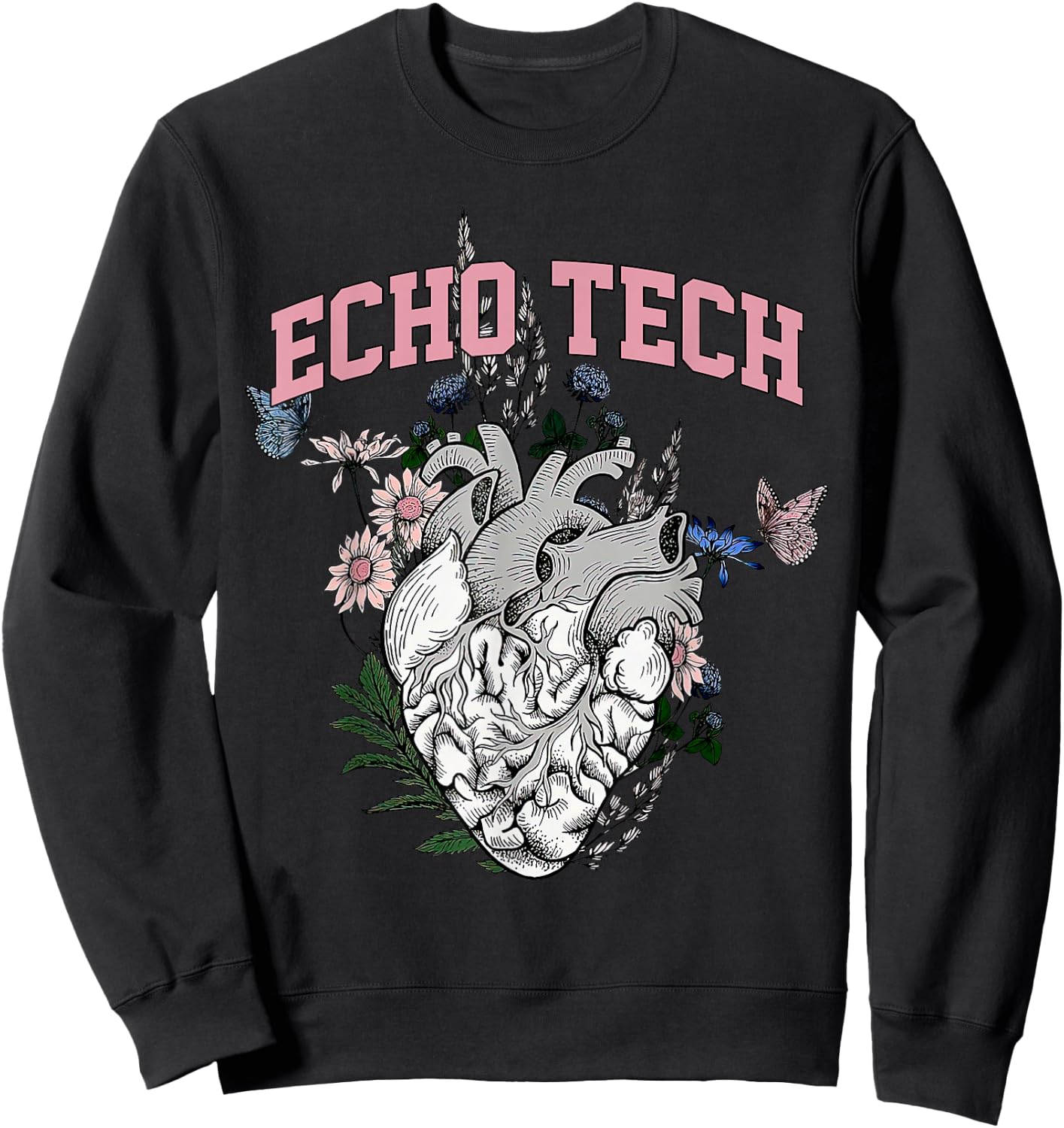 Anatomical Heart Floral Echo Tech Cardiac Sonographer Sweatshirt - Sweatshirt | Black