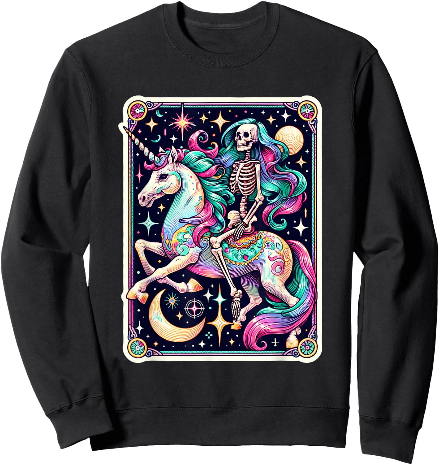 Skeleton Riding Unicorn Tarot Card Celestial Fantasy Art Sweatshirt - Sweatshirt | Black