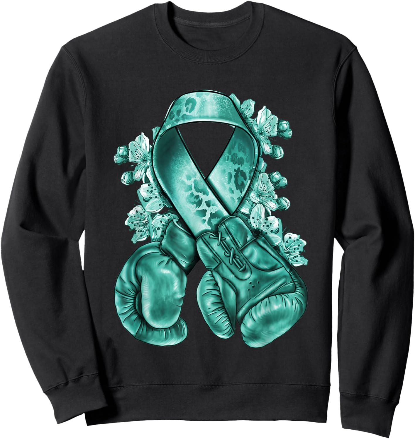 Ovarian Cancer teal ribbon with boxing gloves Awareness Sweatshirt - Sweatshirt | Black