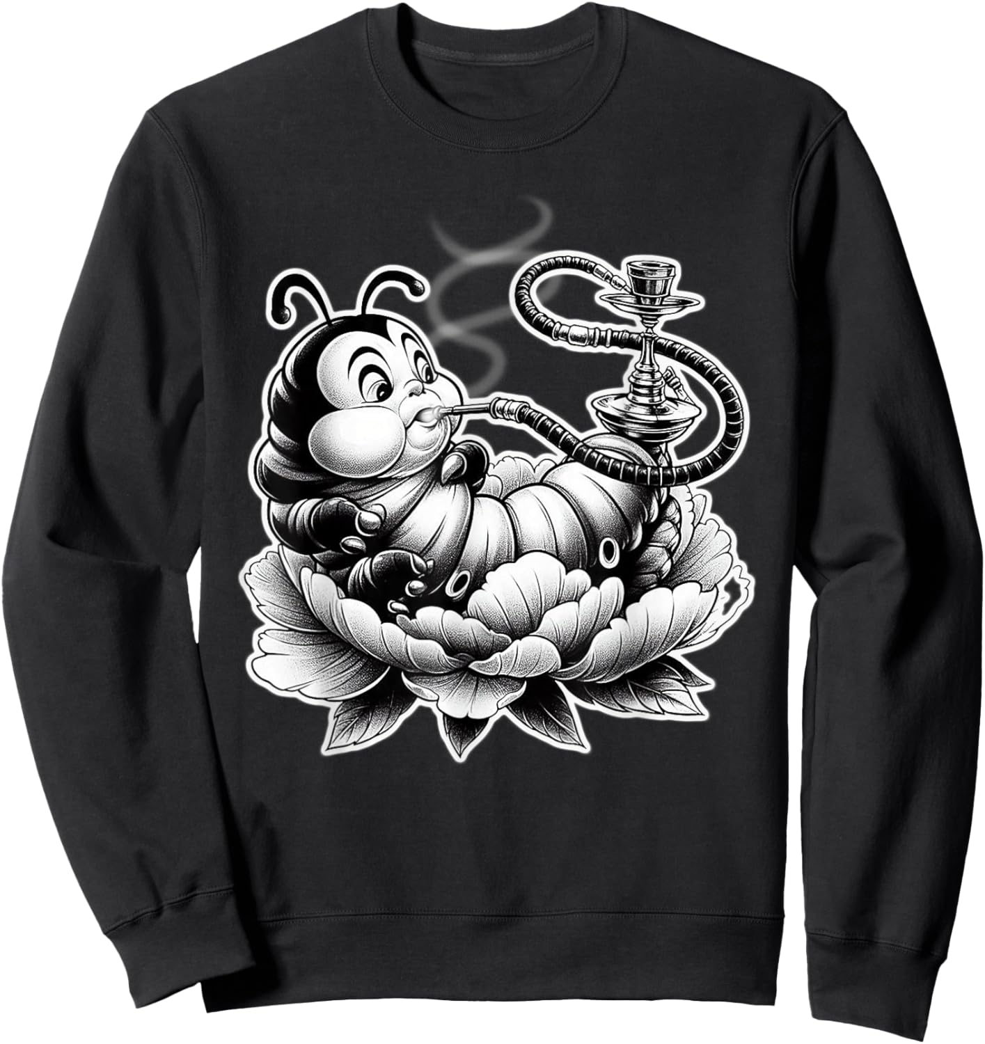 Caterpillar Smoking Hookah on Flower Blackwork Sweatshirt - Sweatshirt | Black