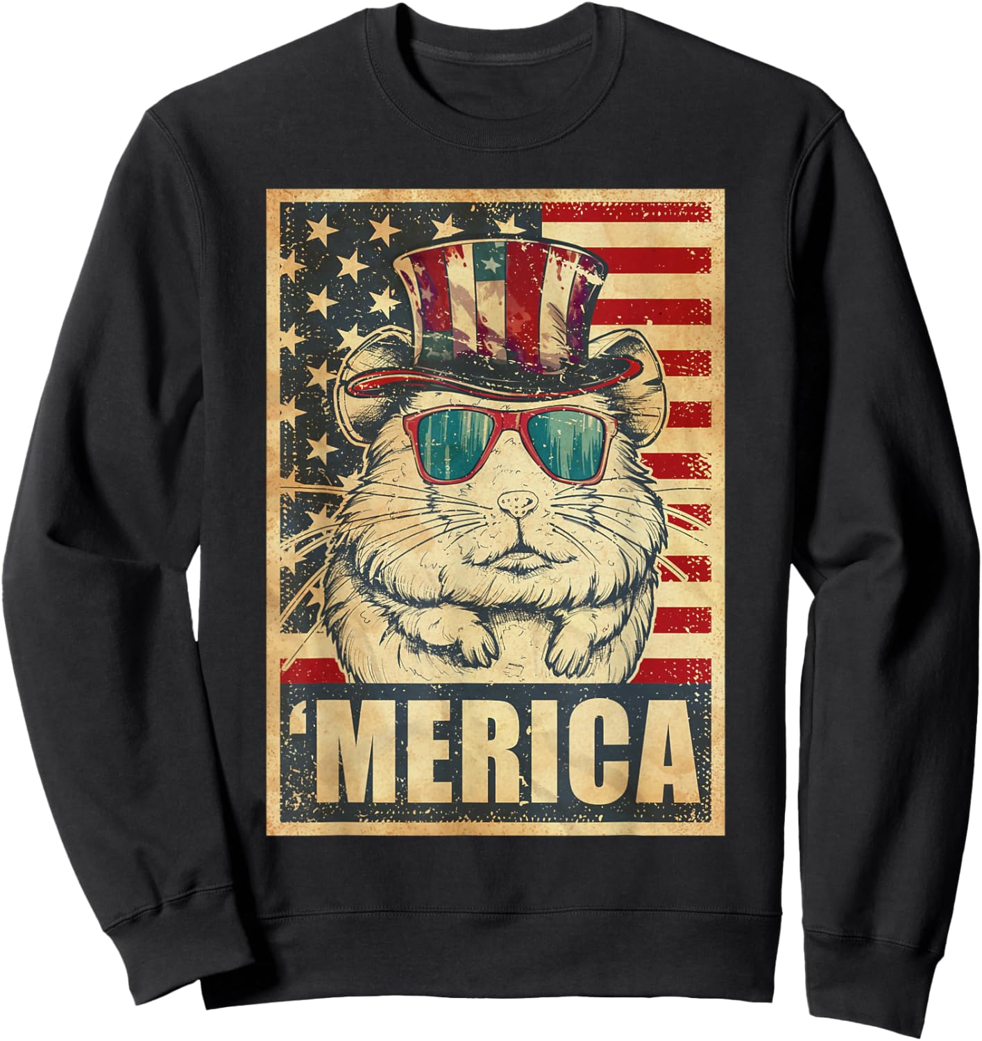 Hamster Merica Vintage American Flag 4th Of July Kids Men Sweatshirt - Sweatshirt | Black