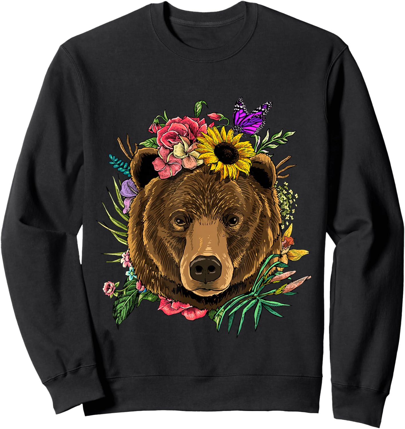 Bear Shirt Nature Floral Grizzly Bear Face Animal Bear Lover Sweatshirt - Sweatshirt | Black