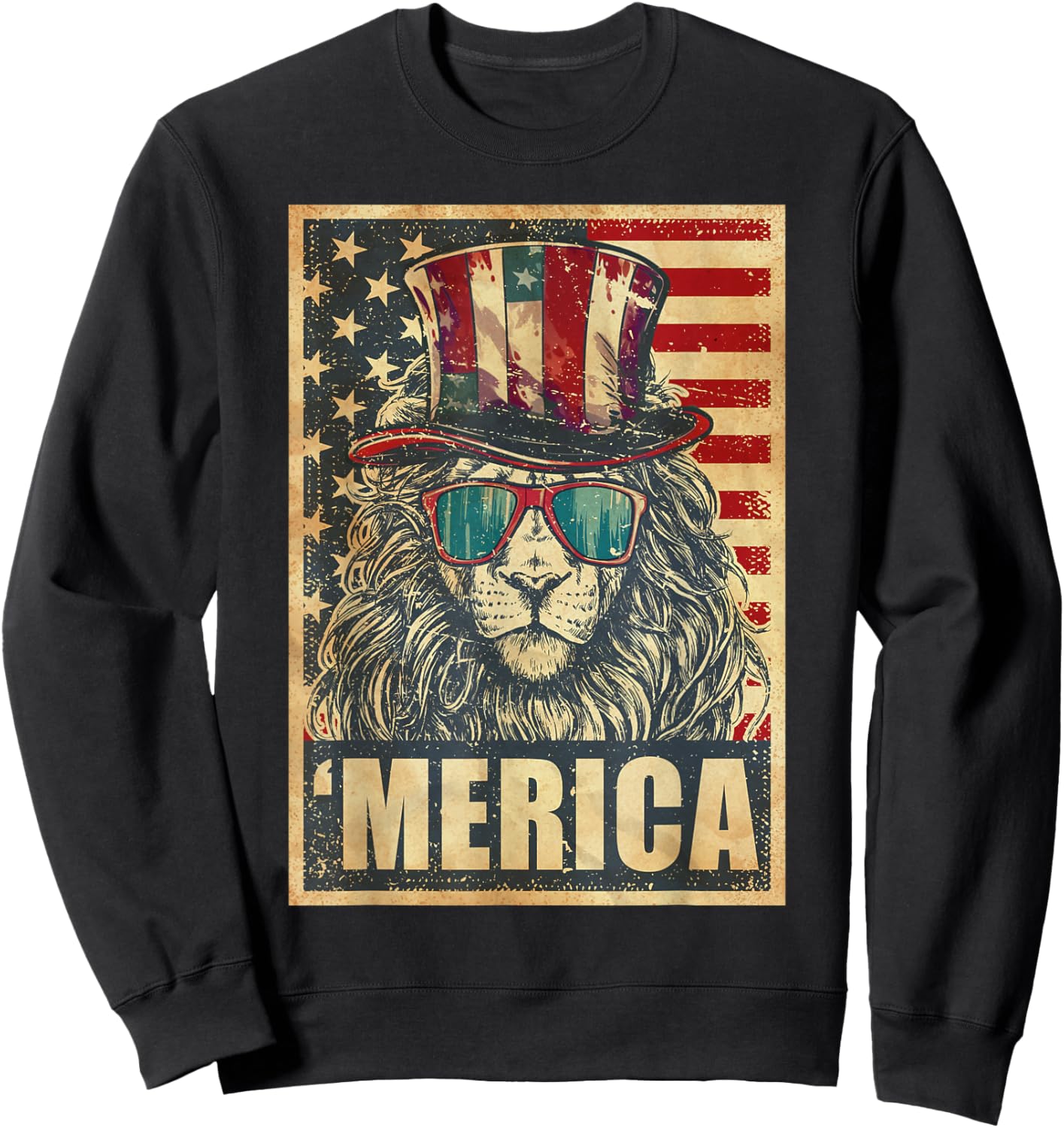 Lion Merica Vintage American Flag 4th Of July Sweatshirt - Sweatshirt | Black
