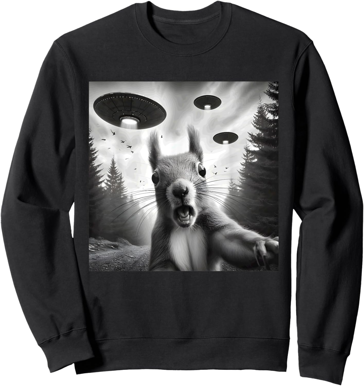 Squirrel Sci-Fi Funny Graphic Selfie with UFOs Weird Aliens Sweatshirt - Sweatshirt | Black