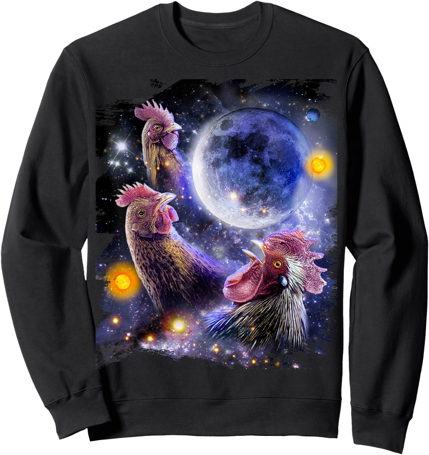 3 Three Chicken Moon, Cosmic Wolf Chickens Howling Sweatshirt - Sweatshirt | Black