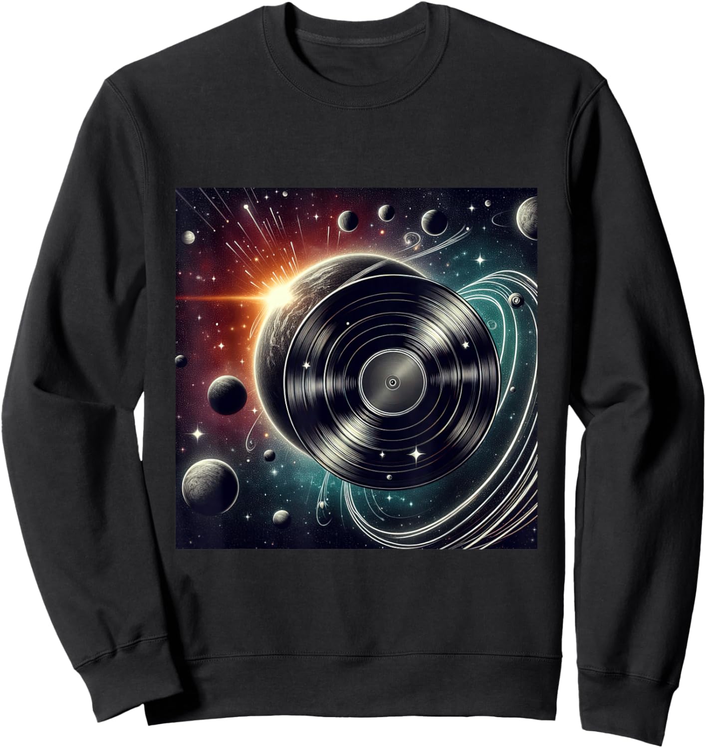 Vinyl Record Orbiting Through Space Cosmic Impact Sweatshirt - Sweatshirt | Black