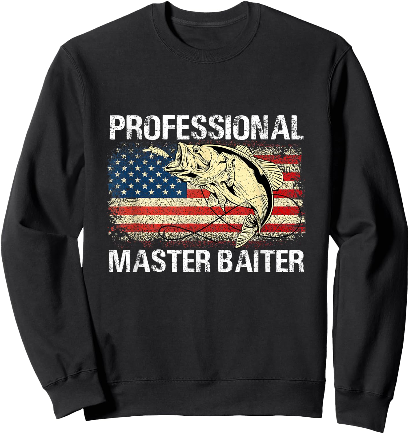 Professional Master Baiter Retro American Flag Funny Fishing Sweatshirt - Sweatshirt | Black