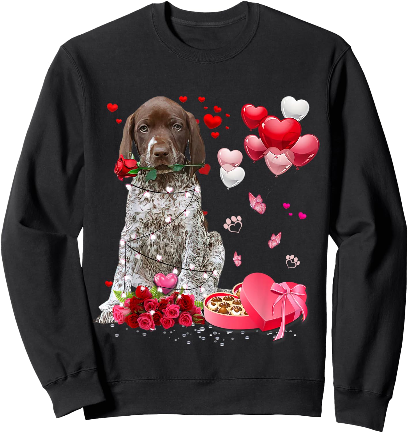 Funny German Shorthaired Pointer Rose Heart Happy Valentine Sweatshirt - Sweatshirt | Black