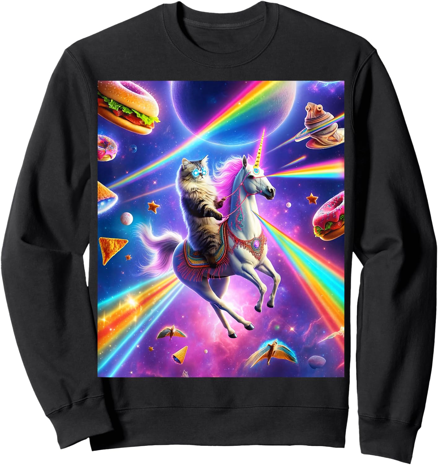 Laser Eyes Outer Space Cat Riding Llama Unicorn Ufo Tacos Men Women Sweatshirt - Sweatshirt | Black