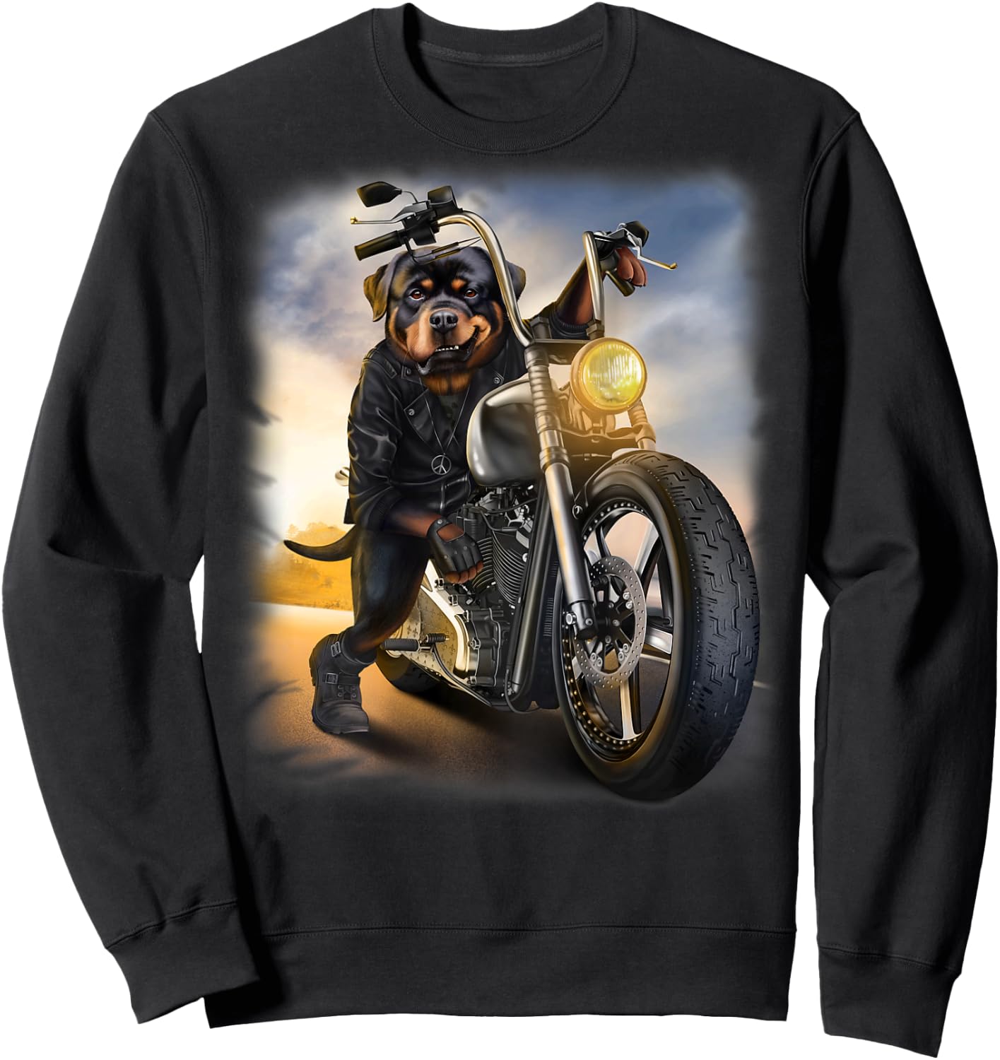 Rottweiler Dog Biker Riding Motorcycle at Sunset Sweatshirt - Sweatshirt | Black