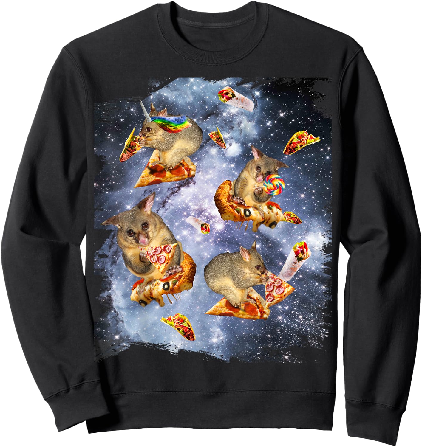Space Possum On Pizza Taco, Galaxy Opossum Funny Sweatshirt - Sweatshirt | Black