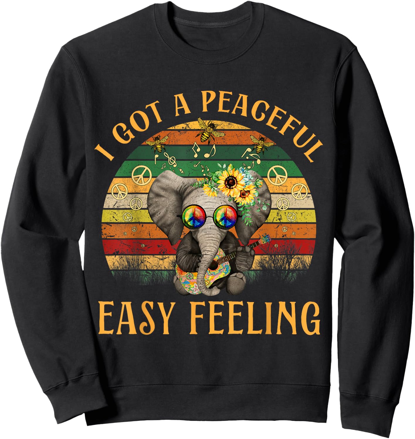 Hippie Peace I Got A Easy Peaceful Feeling Elephant Guitar Sweatshirt - Sweatshirt | Black