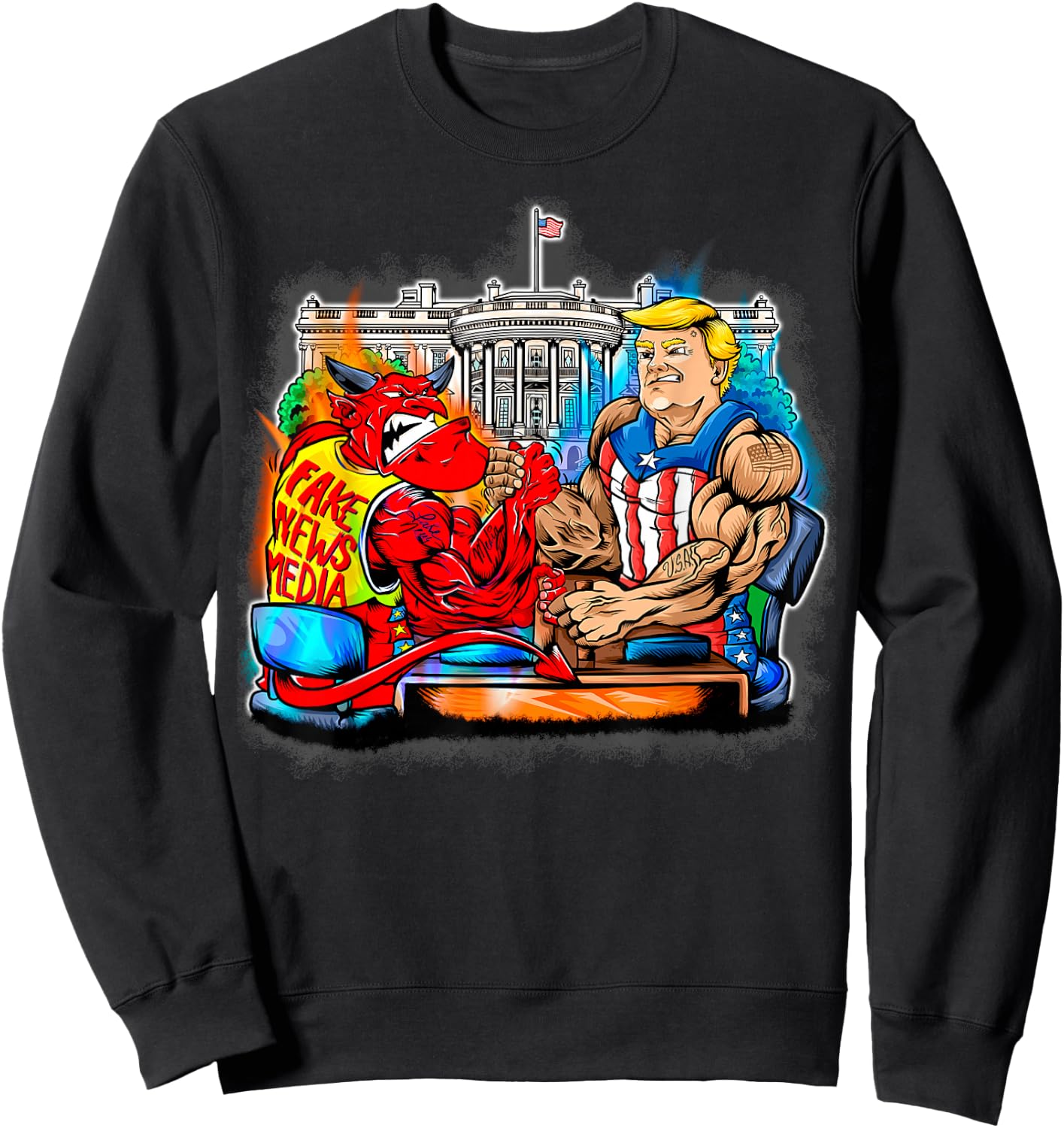 Donald Trump Arm Wrestling Satan Fake News Media Gift Sweatshirt - Sweatshirt | Black