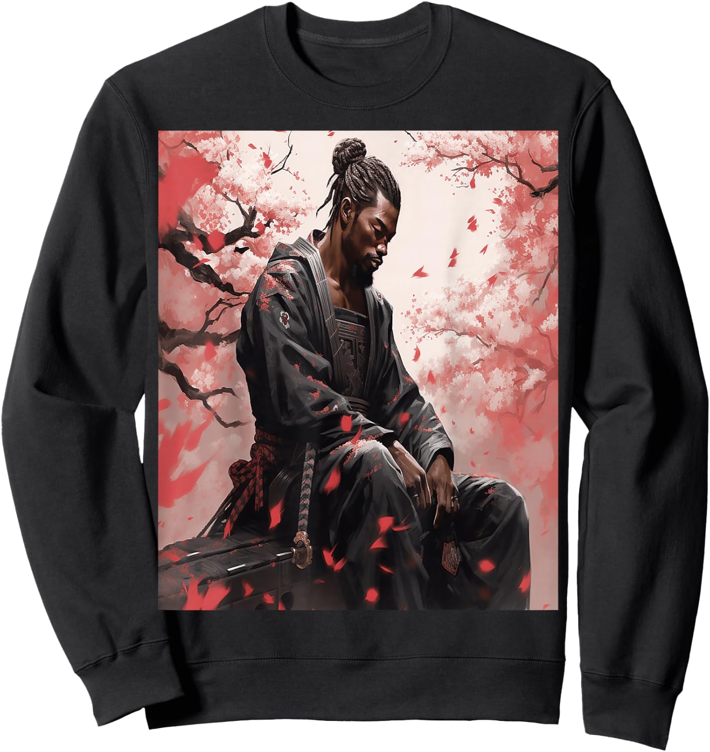 Black Samurai African Yasuke Meditating Under Cherry Blossom Sweatshirt - Sweatshirt | Black