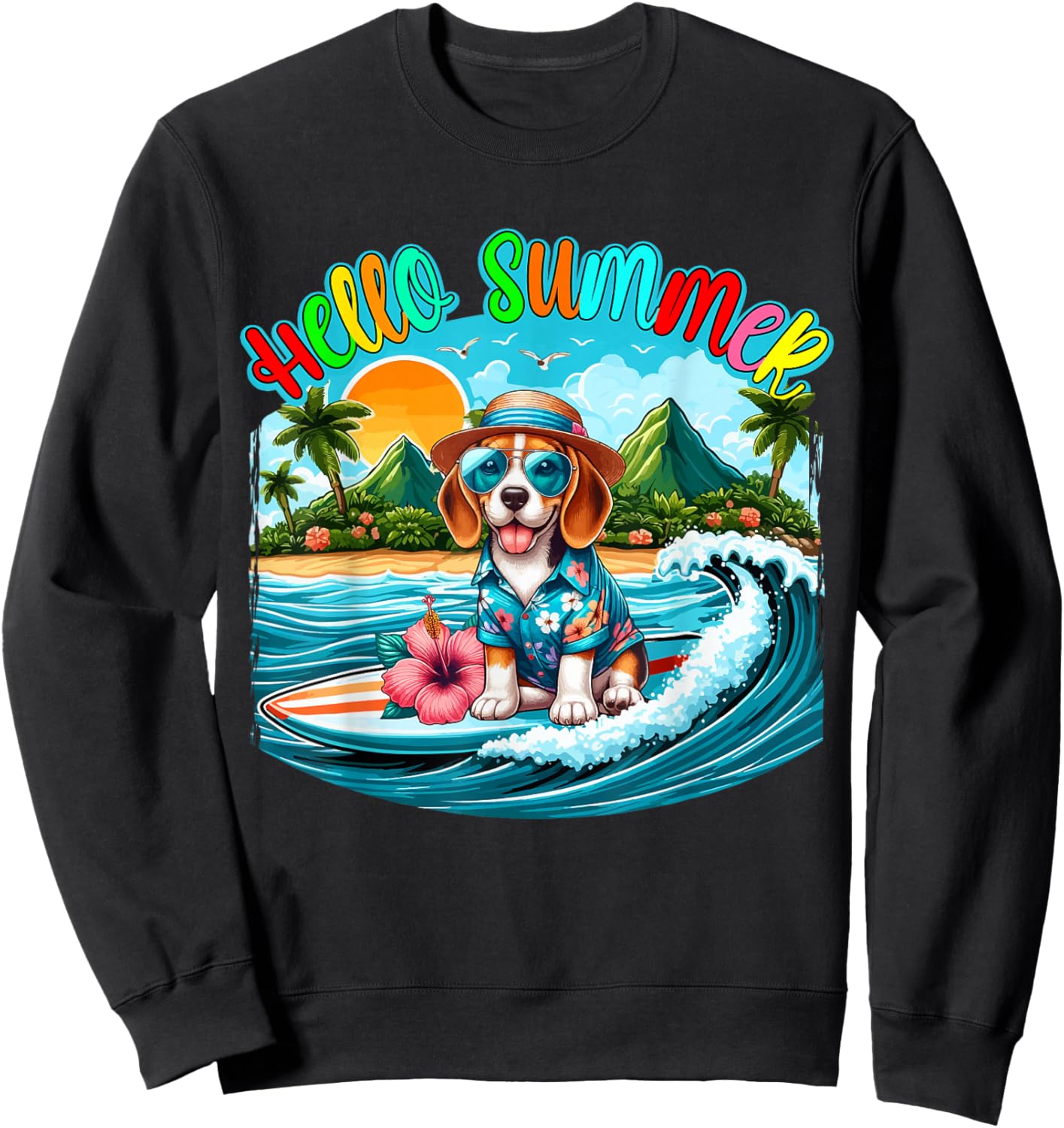 Summer Costume Beagle Sunglasses Surfing On Beach Surfer Sweatshirt - Sweatshirt | Black