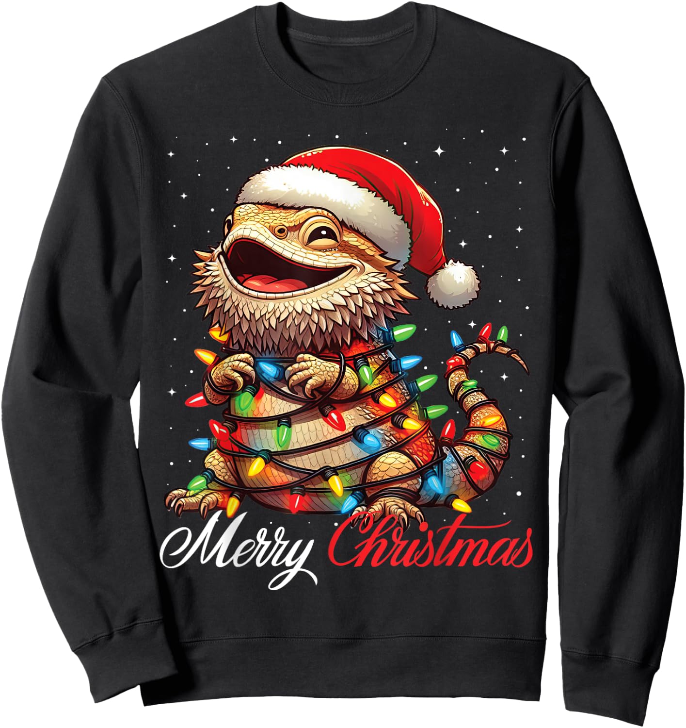Bearded Dragon Merry Christmas Lights Santa Hat Xmas Snow Sweatshirt - Sweatshirt | Black
