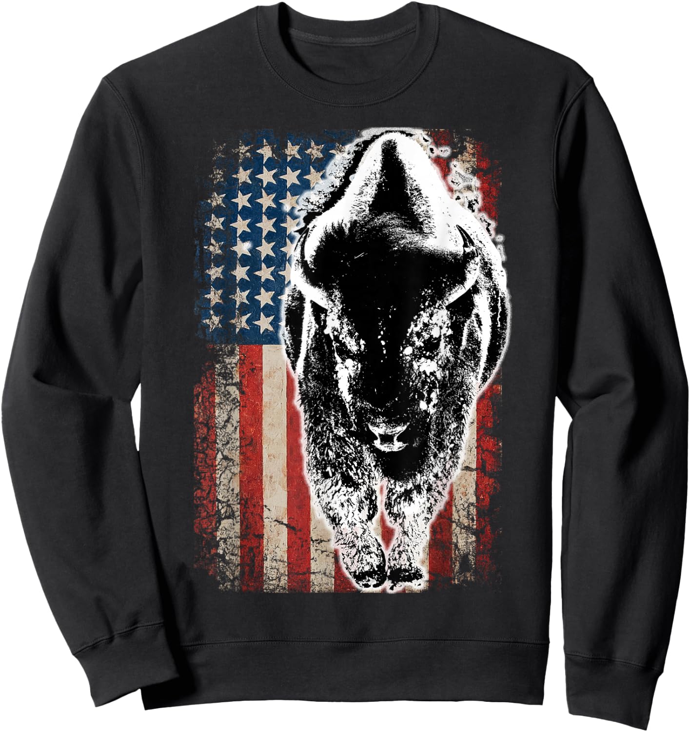 Vintage Buffalo American Flag Bison Sweatshirt - Sweatshirt | Black