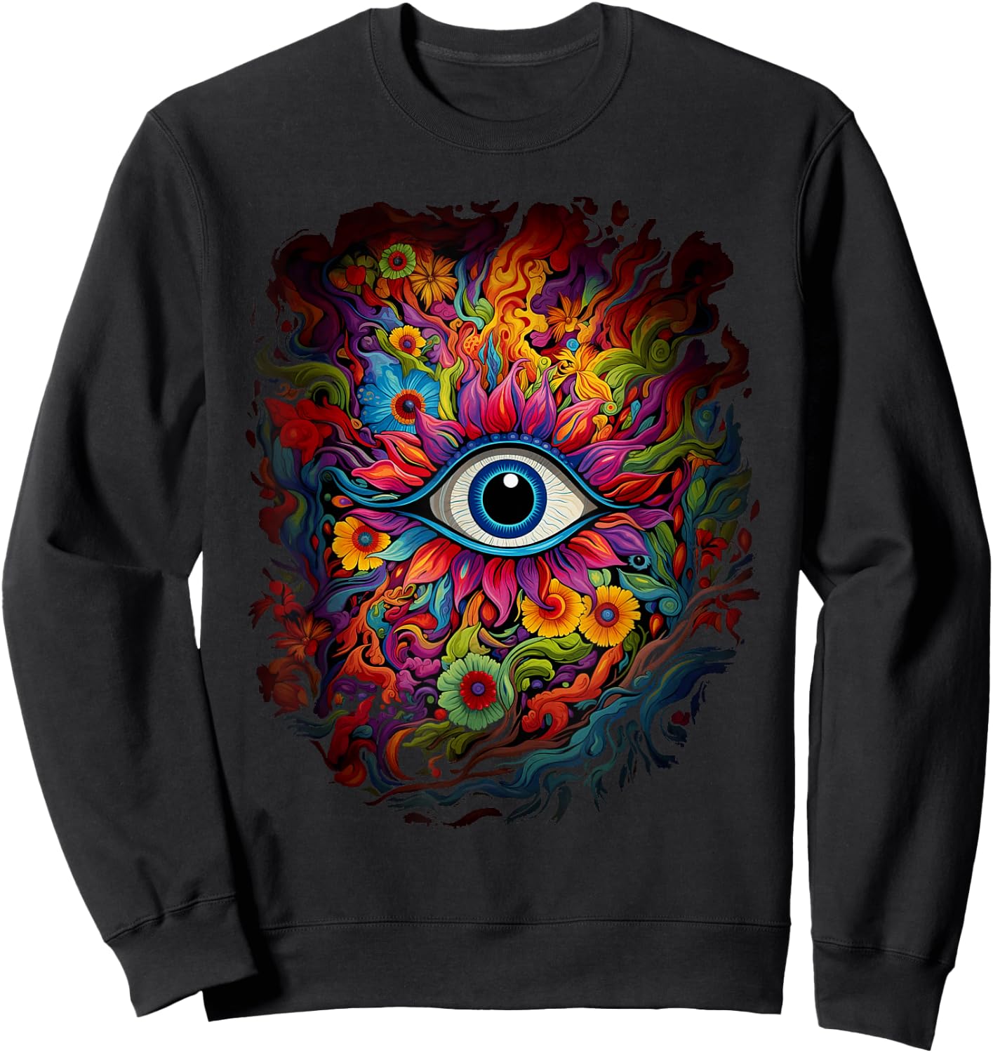 Psychedelic Third Eye Flower | Retro Colorful Floral Hippie Sweatshirt - Sweatshirt | Black