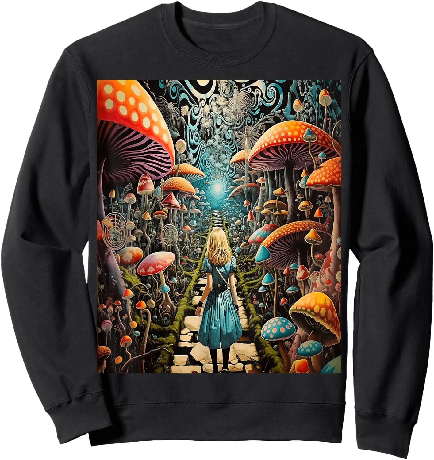 Alice in Wonderland Trippy Mushroom Forest Path Sweatshirt - Sweatshirt | Black