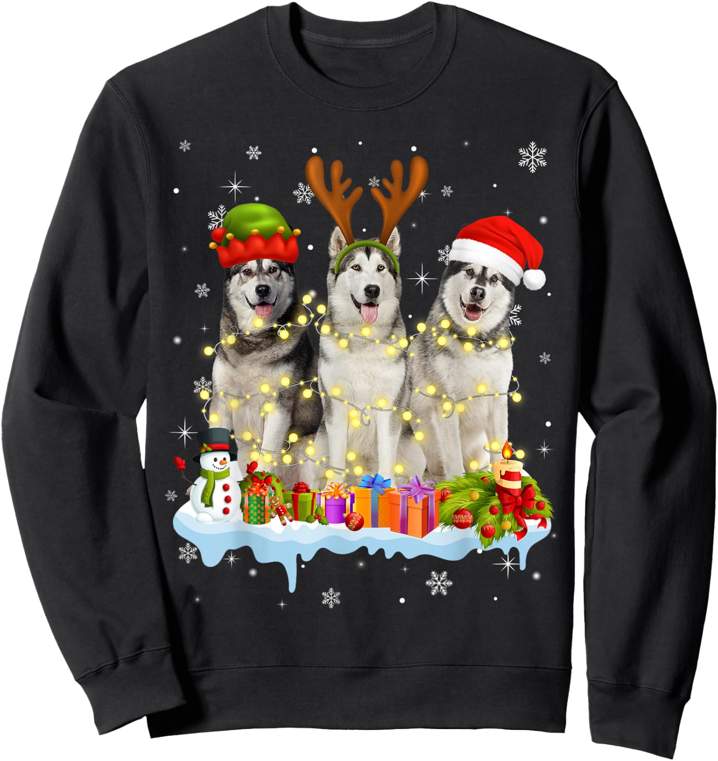 Cute Alaskan Malamute Santa Hat Christmas Light Xmas Sweatshirt - Sweatshirt | Black