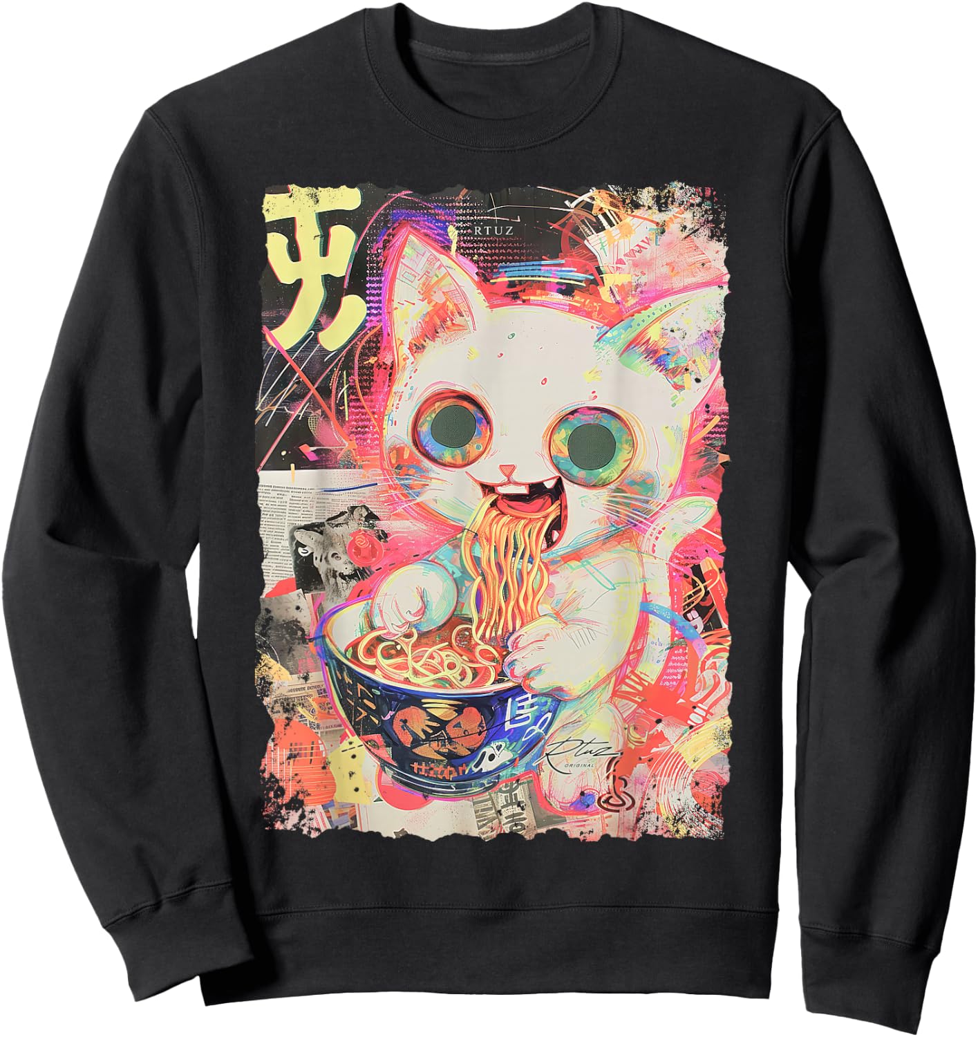 Ramen Noodles Cat Japan Y2K Kawaii Retro Cats Manga Anime Sweatshirt - Sweatshirt | Black