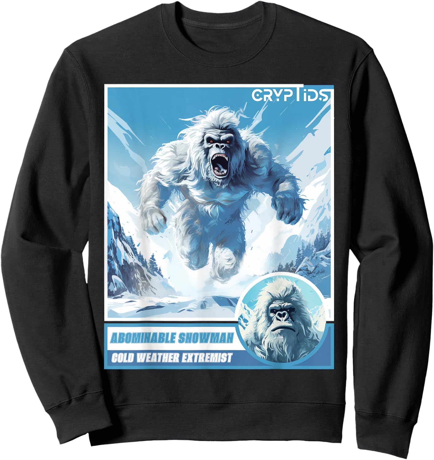 Cryptozoology Cryptid Believer Apparel -Kids, Adults Black Cartoon Abominable Snowman Winter Classic Fit Sweatshirt - Sweatshirt | Black