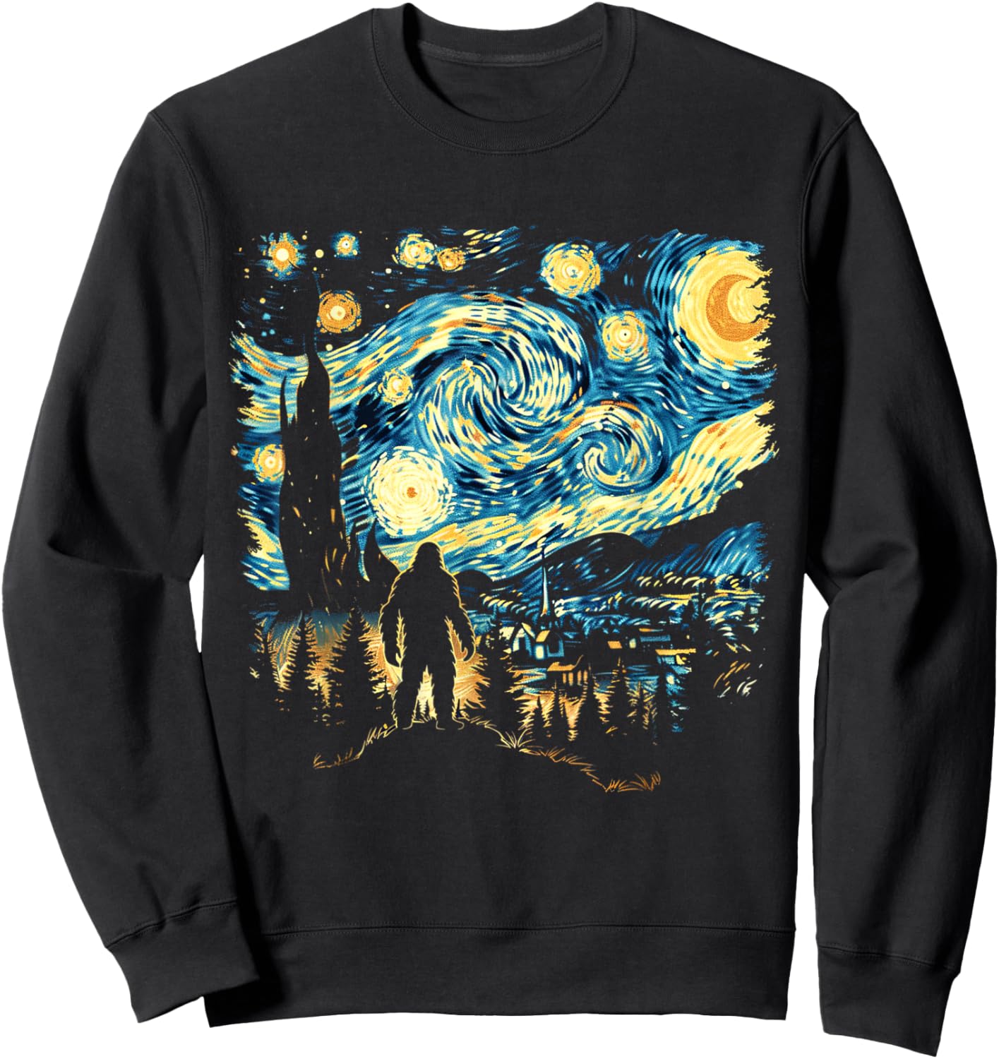 Funny Bigfoot Starry Night Sasquatch Van Gogh Sky Painting Sweatshirt - Sweatshirt | Black