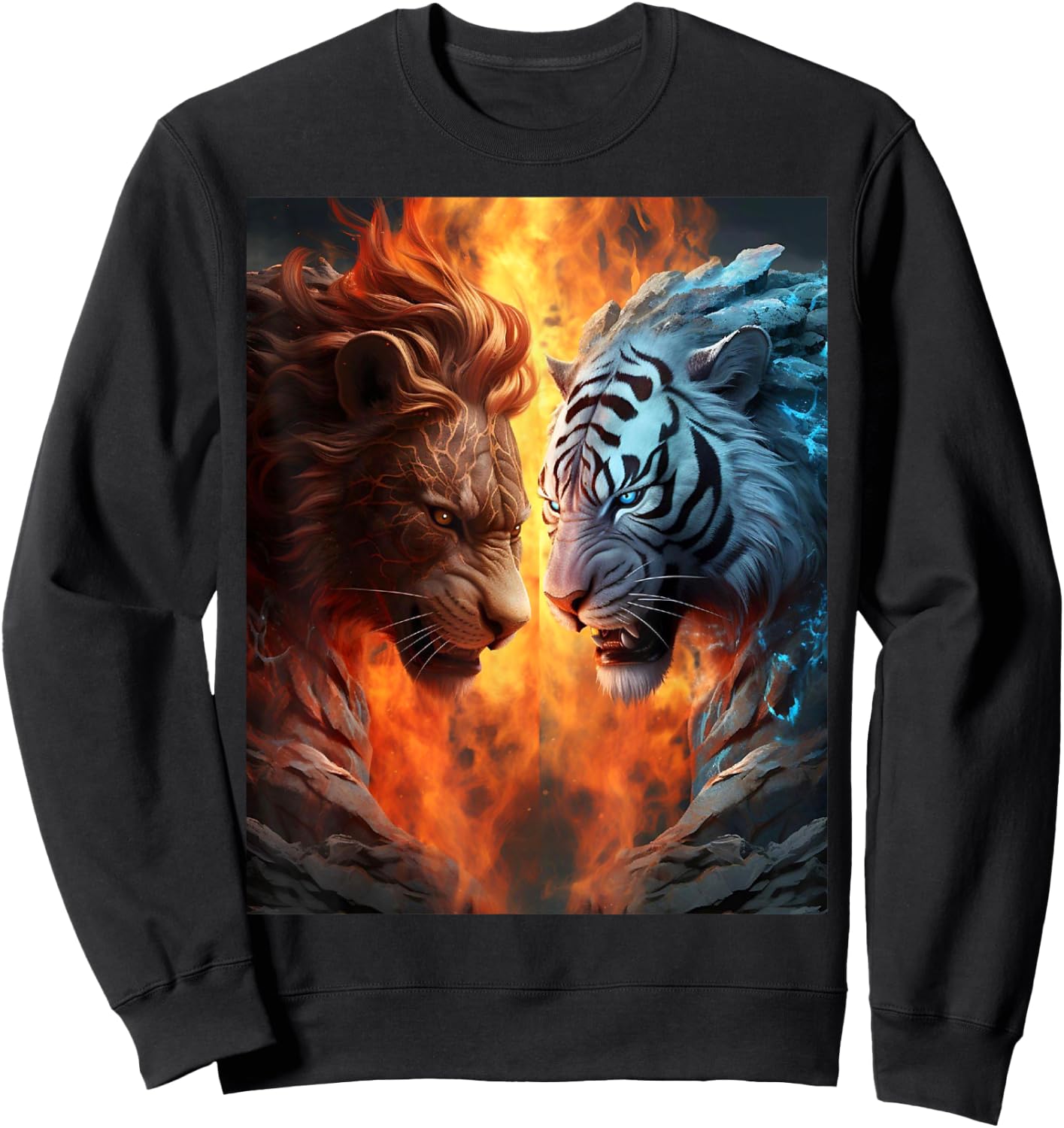 Two Tigers . White and Yellow Tigers, Flames Artwork Nice Sweatshirt - Sweatshirt | Black