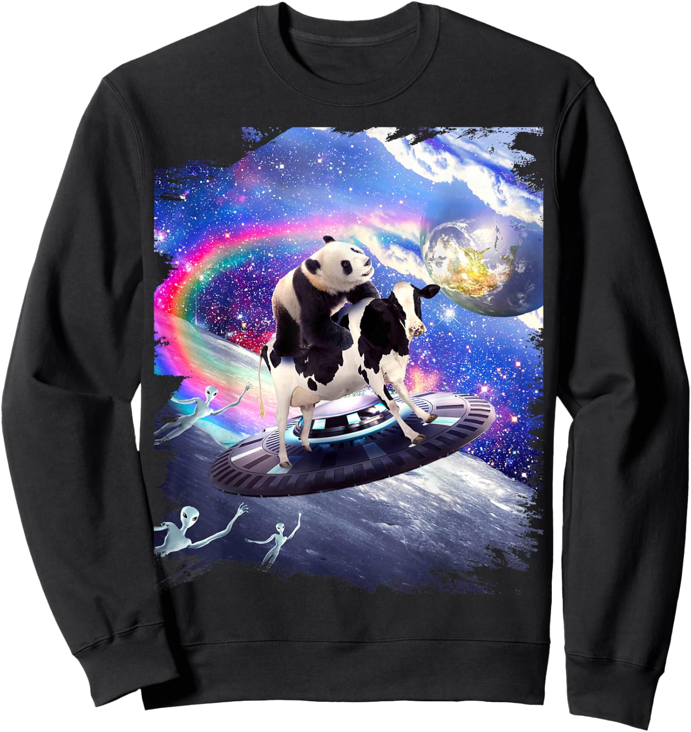 Nice funny Panda Cow - Panda Riding Flying Cow UFO Sweatshirt - Sweatshirt | Black