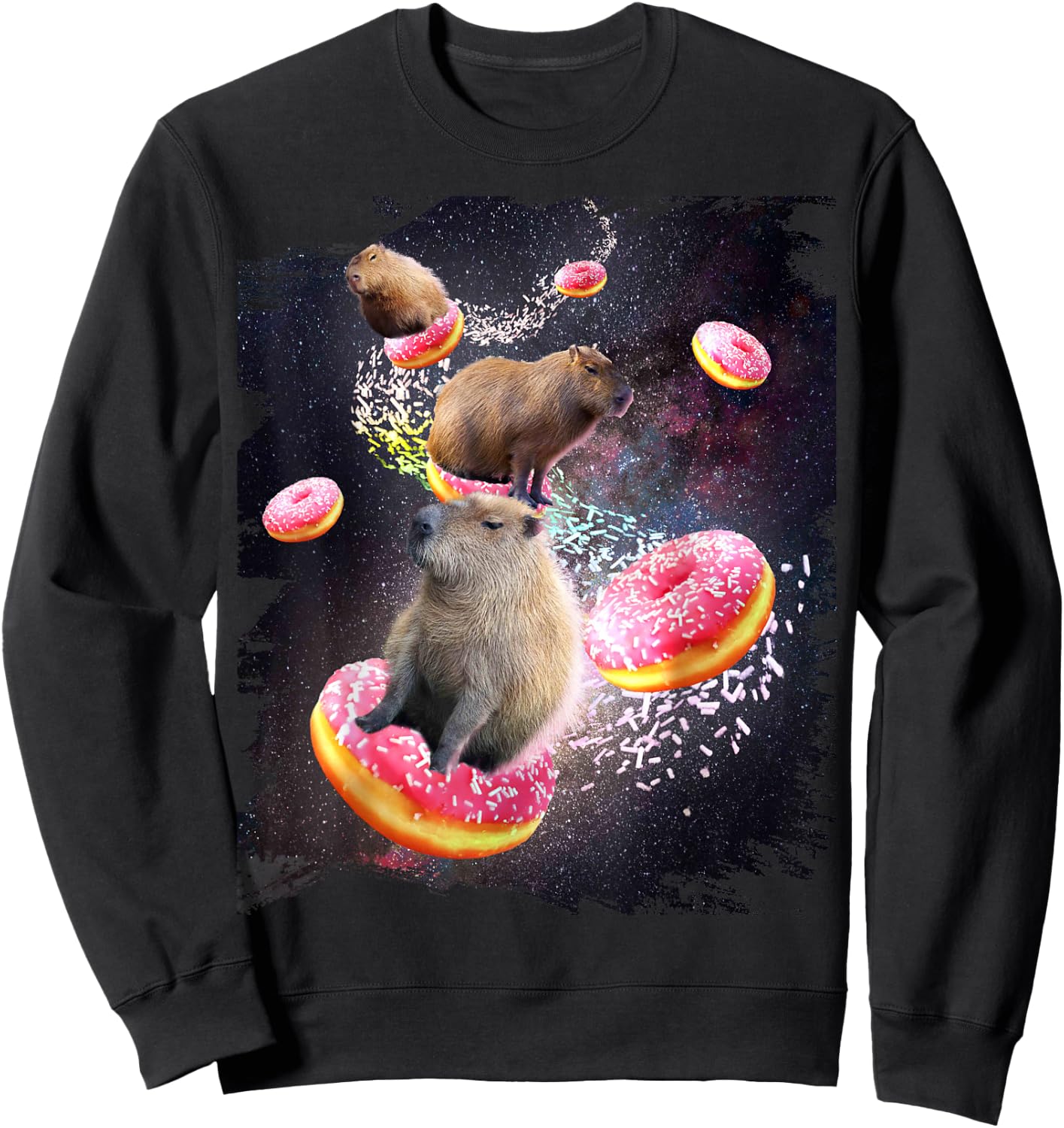Space Capybara Riding Donut, Galaxy Capybaras Sweatshirt - Sweatshirt | Black