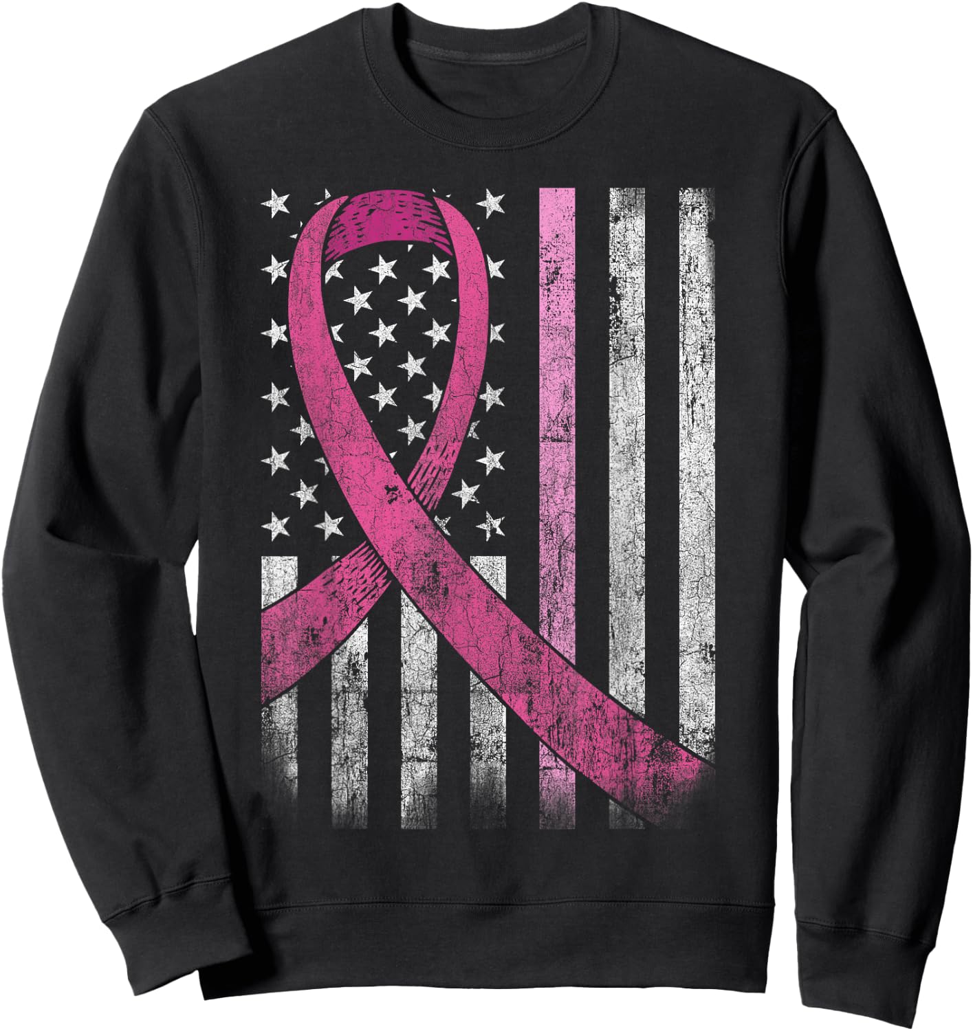 Breast Cancer Awareness American Flag Pink Ribbon Sweatshirt - Sweatshirt | Black