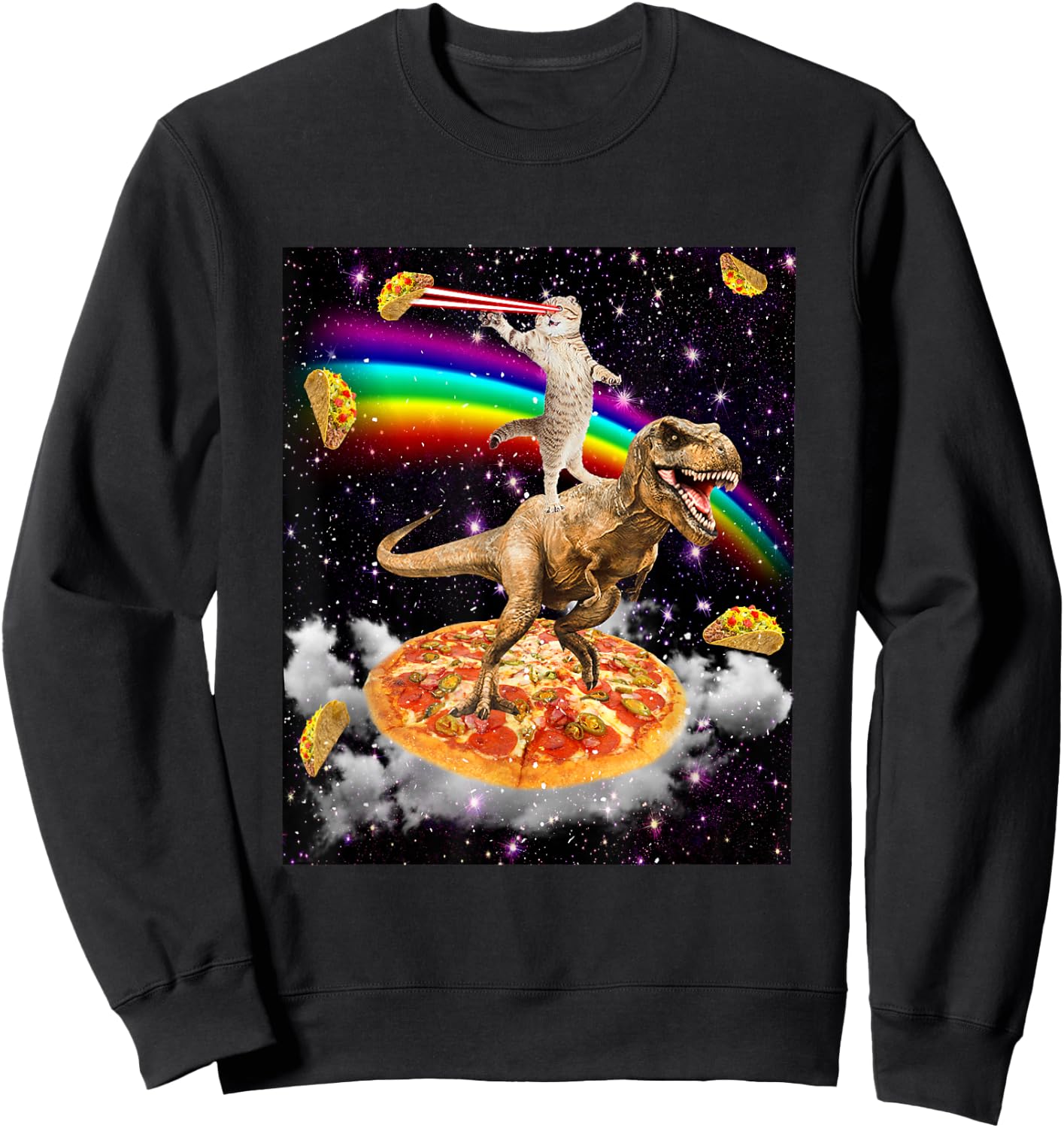 Galaxy Laser Cat on Dinosaur on Pizza with Tacos & Rainbow Sweatshirt - Sweatshirt | Black