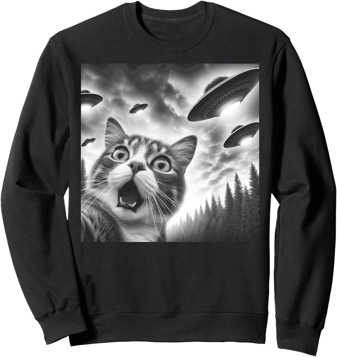 Funny Cat Selfie with UFOs Men Women Kids Sweatshirt - Sweatshirt | Black