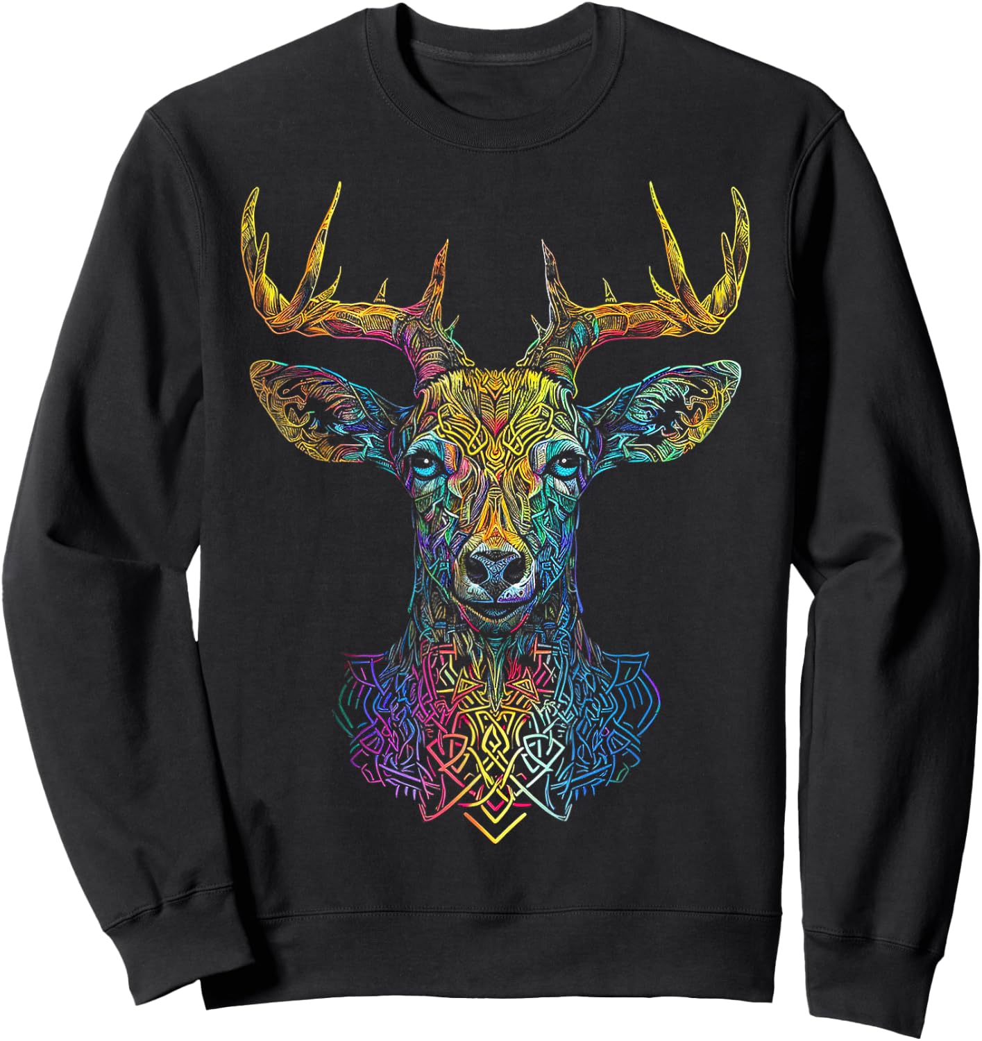Deer Artwork Colorful Animal Mandala Graphic Art Deer Sweatshirt - Sweatshirt | Black