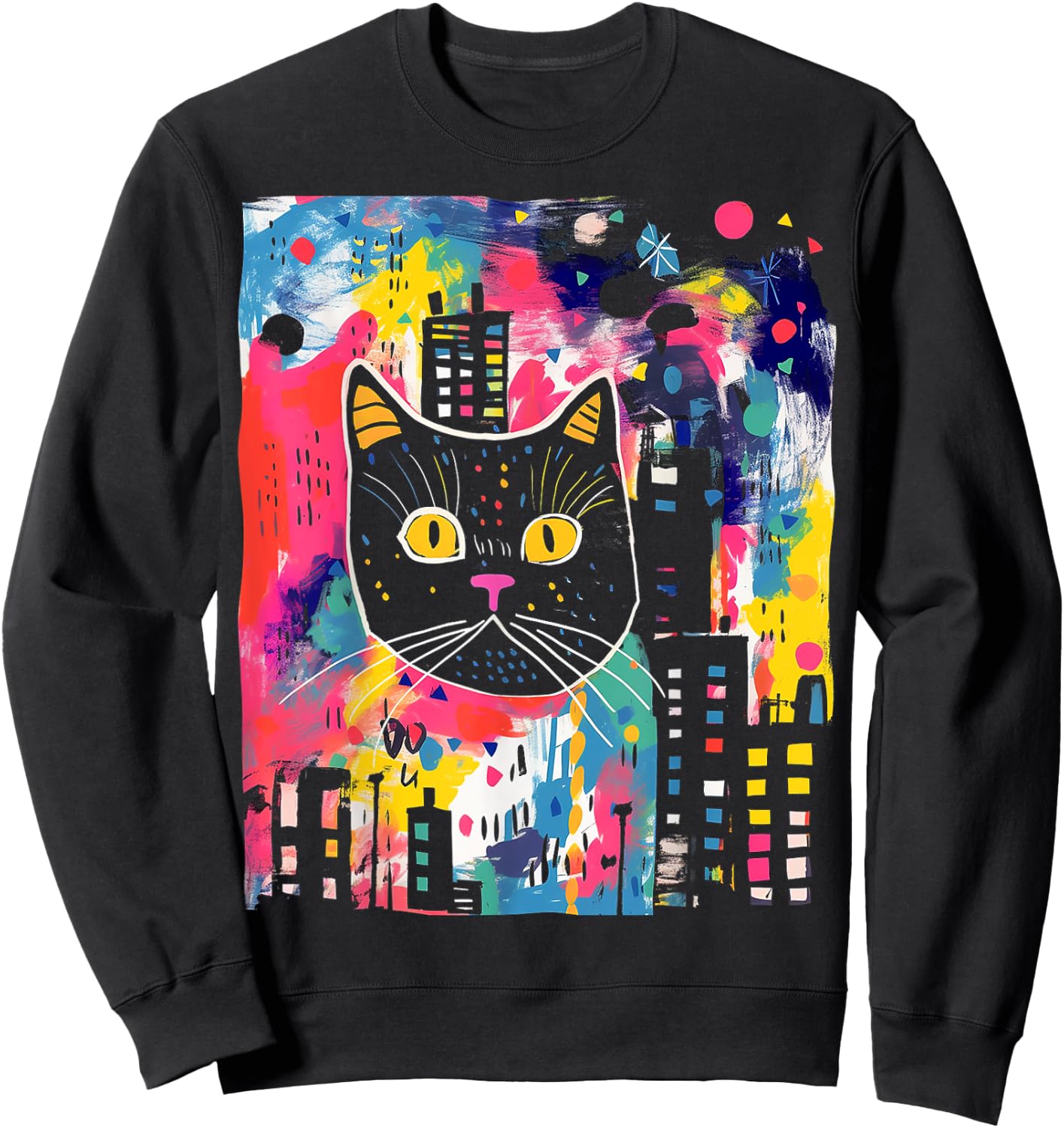 Cat Colorful Abstract Funny Animal Art Graphic Cat Women Kids Sweatshirt - Sweatshirt | Black
